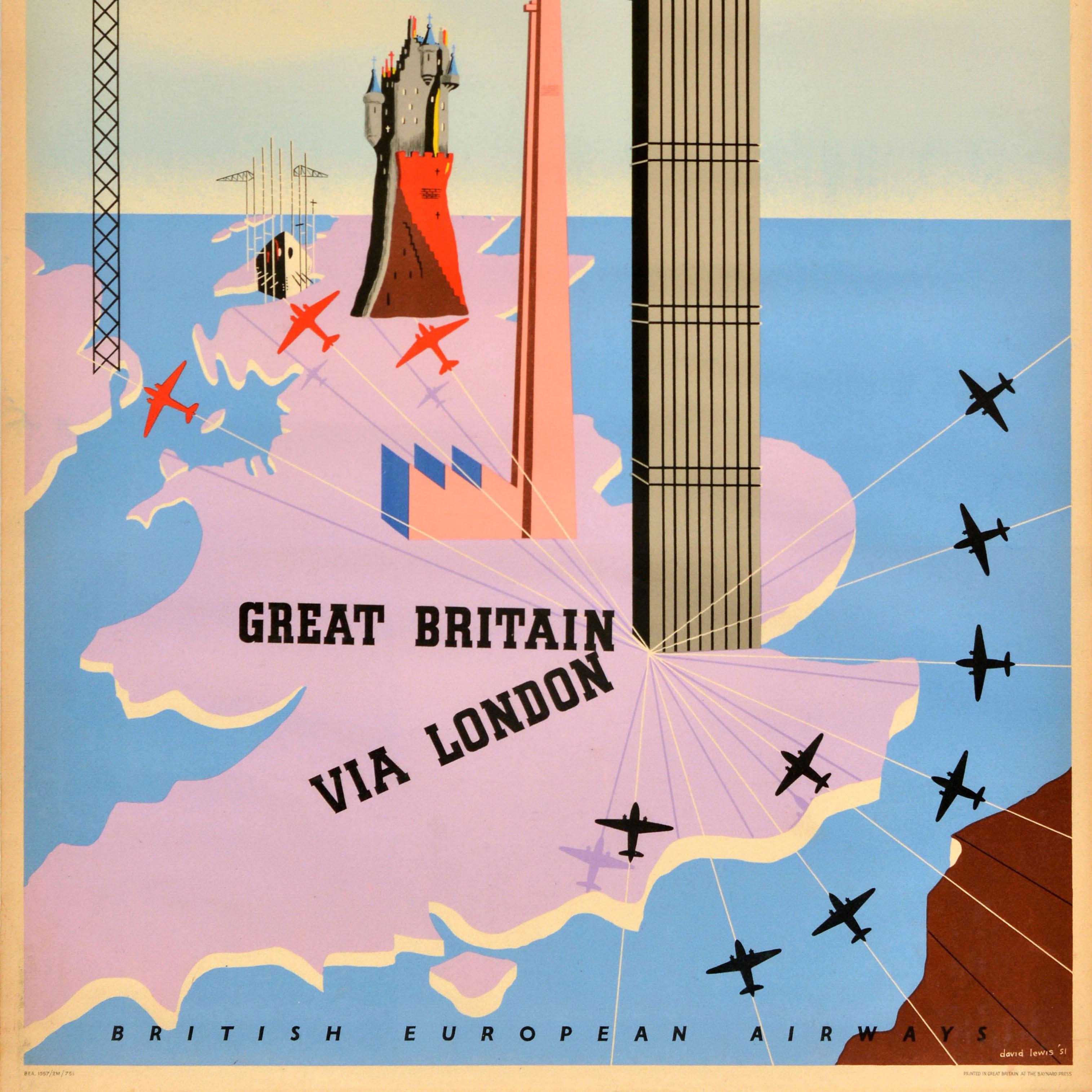 Mid-20th Century Original Vintage Travel Advertising Poster BEA Great Britain Via London Lewis For Sale