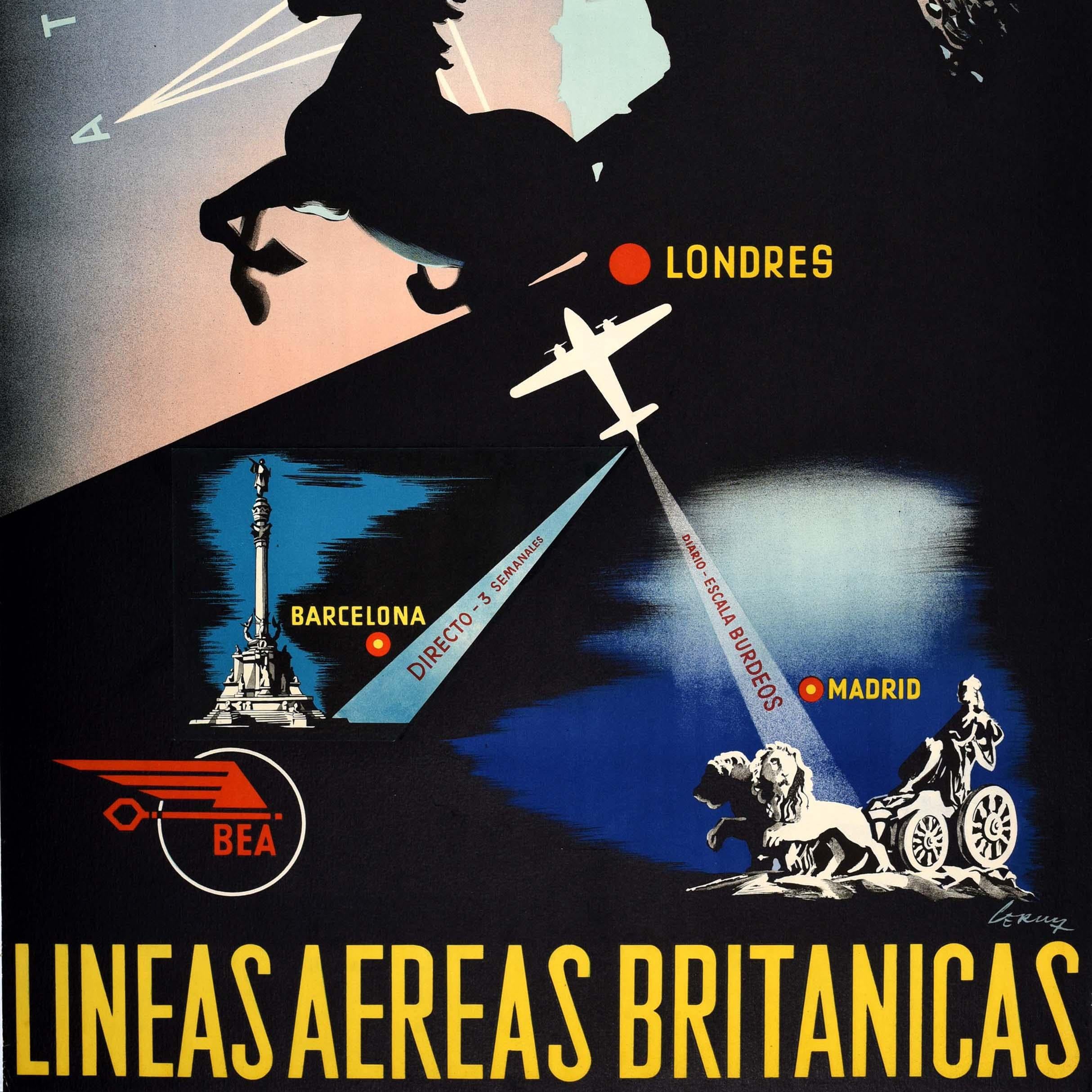 British Original Vintage Travel Advertising Poster BEA Lineas Aereas Britanicas London For Sale
