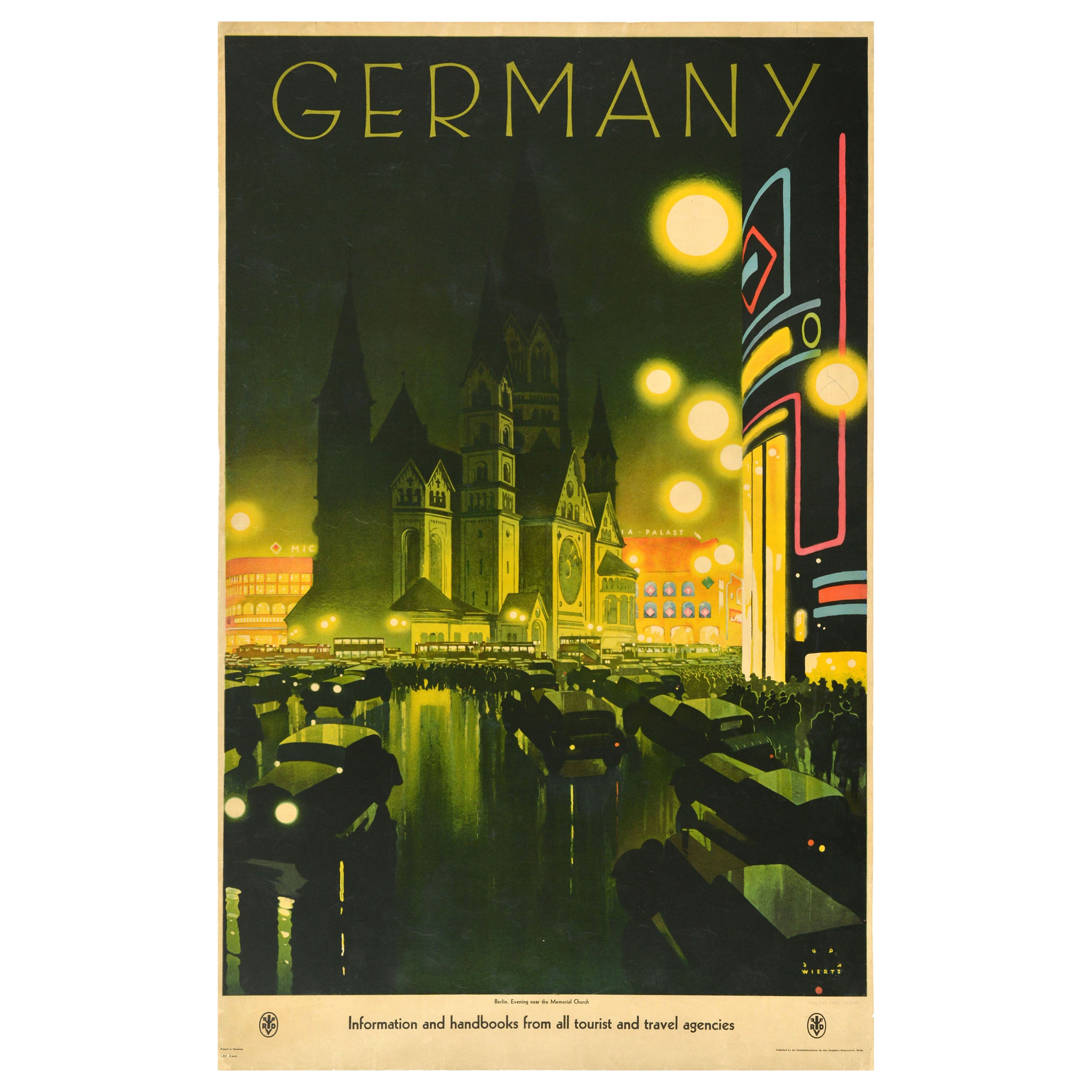 Cartel publicitario de viajes original de época Berlín Alemania Jupp Wiertz Art Déco