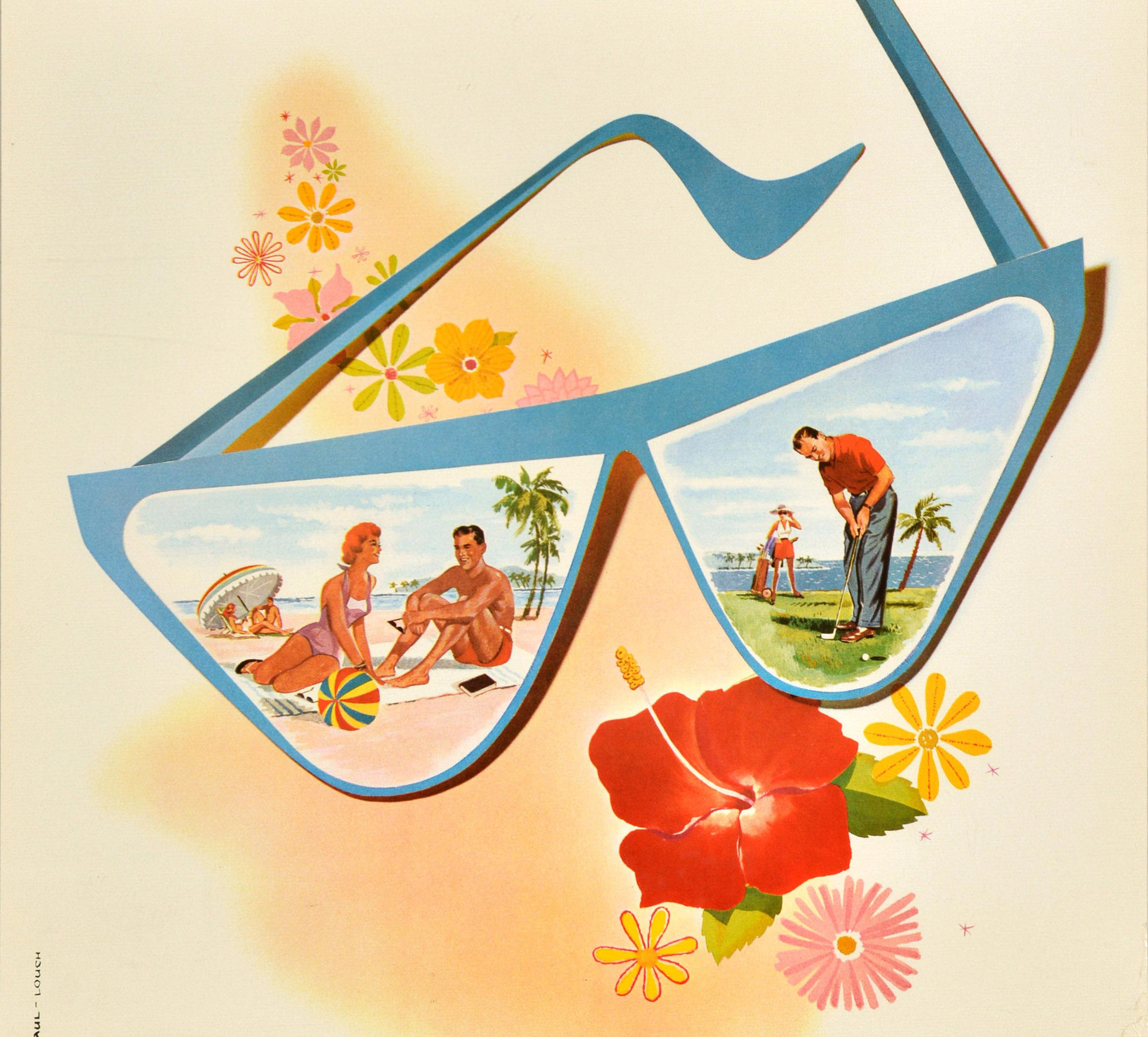 Poster pubblicitario d'epoca per le Bermuda di Trans-Canada Air Lines con un'illustrazione colorata di occhiali da sole che riflettono le immagini di una coppia che prende il sole su una spiaggia sabbiosa davanti alle palme e al mare in una lente e