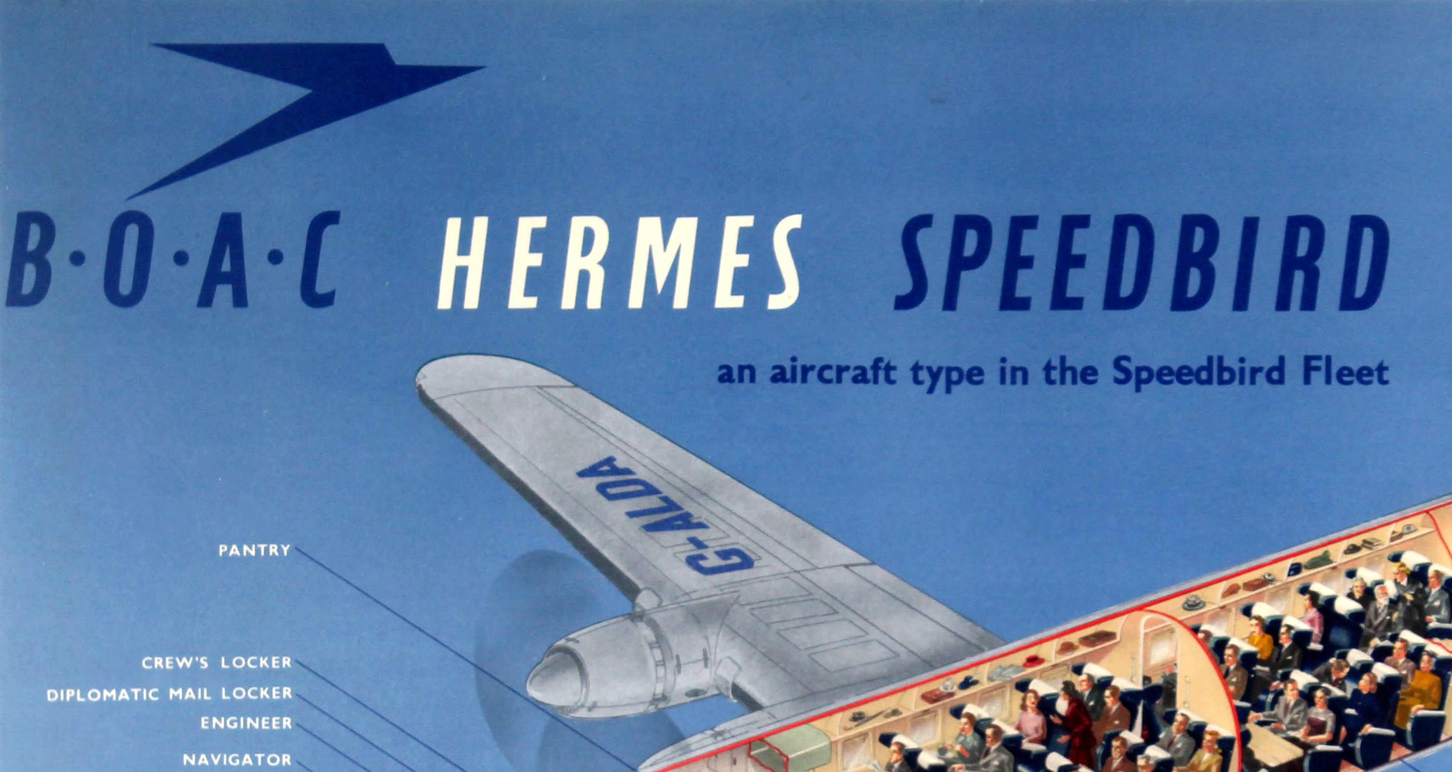 Affiche publicitaire de voyage vintage originale pour C.I.A.C.. Hermes Speedbird est un type d'avion de la flotte Speedbird. Grande image représentant un plan technique découpé du tout nouvel avion sur un fond bleu ciel montrant la structure de