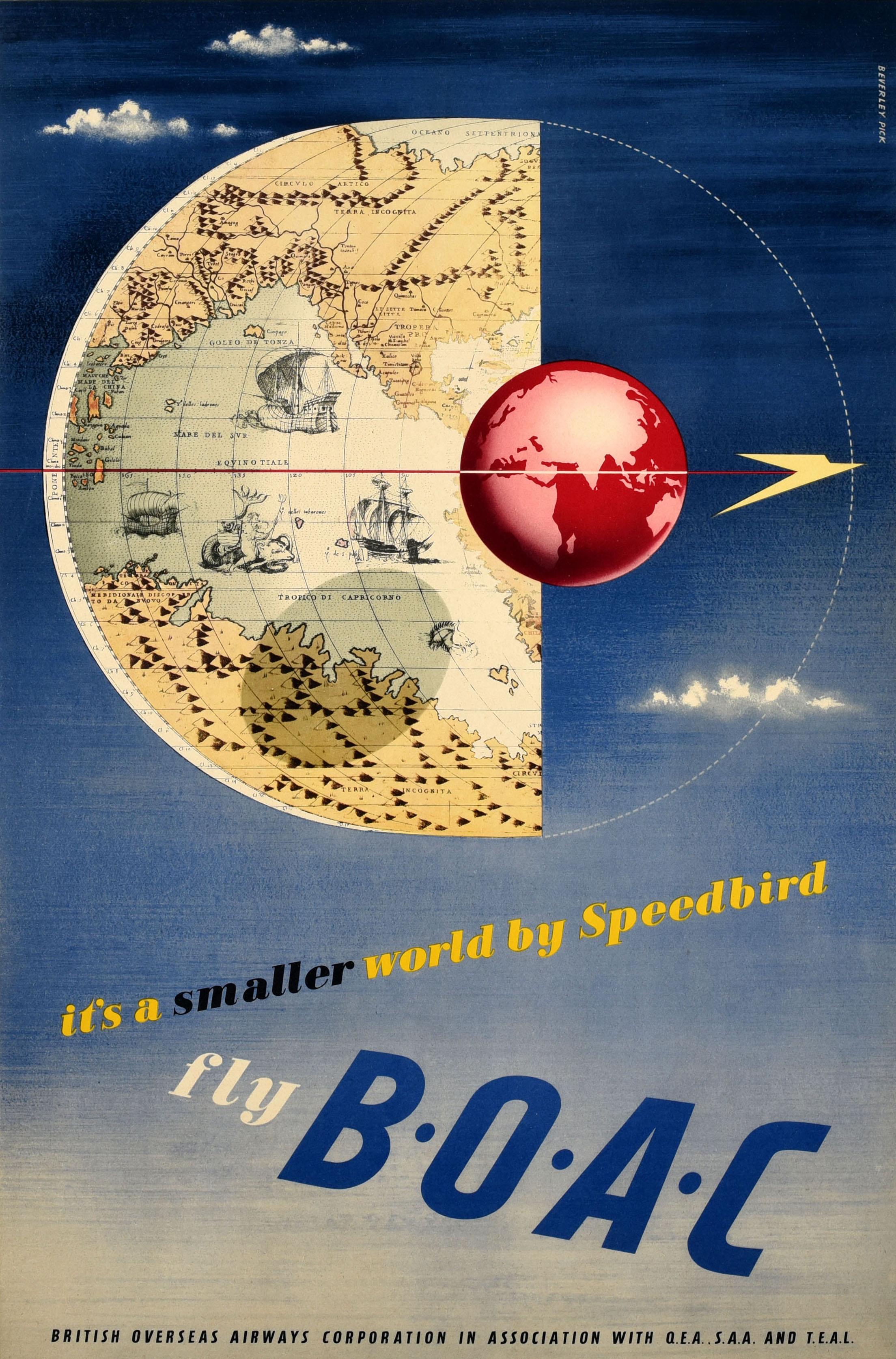 Original vintage travel advertising poster - it's a smaller world by Speedbird fly BOAC - featuring a great mid-century design depicting a modern map of the world on a red globe reflected on an old world map showing tall ships sailing at sea set on