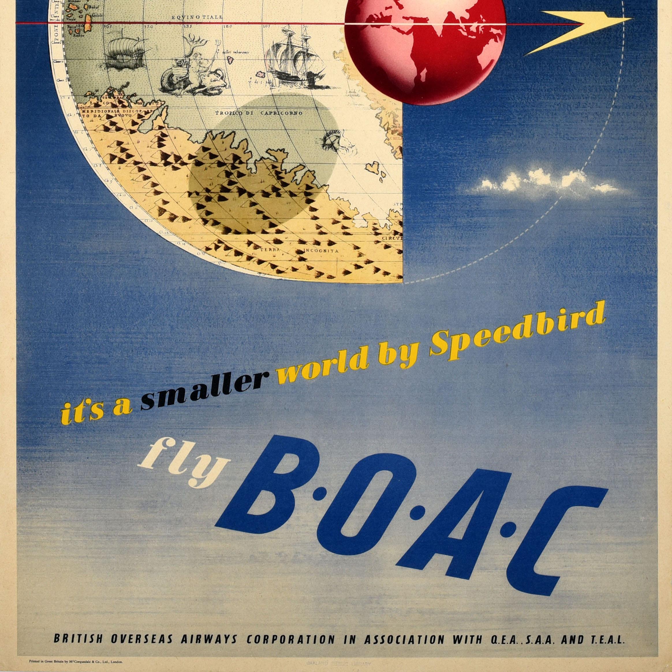 British Original Vintage Travel Advertising Poster BOAC Smaller World By Speedbird 1950s For Sale