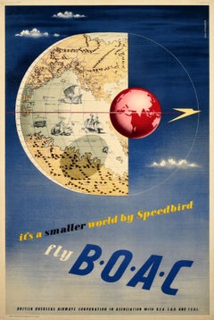 Original Retro Travel Advertising Poster BOAC Smaller World By Speedbird 1950s