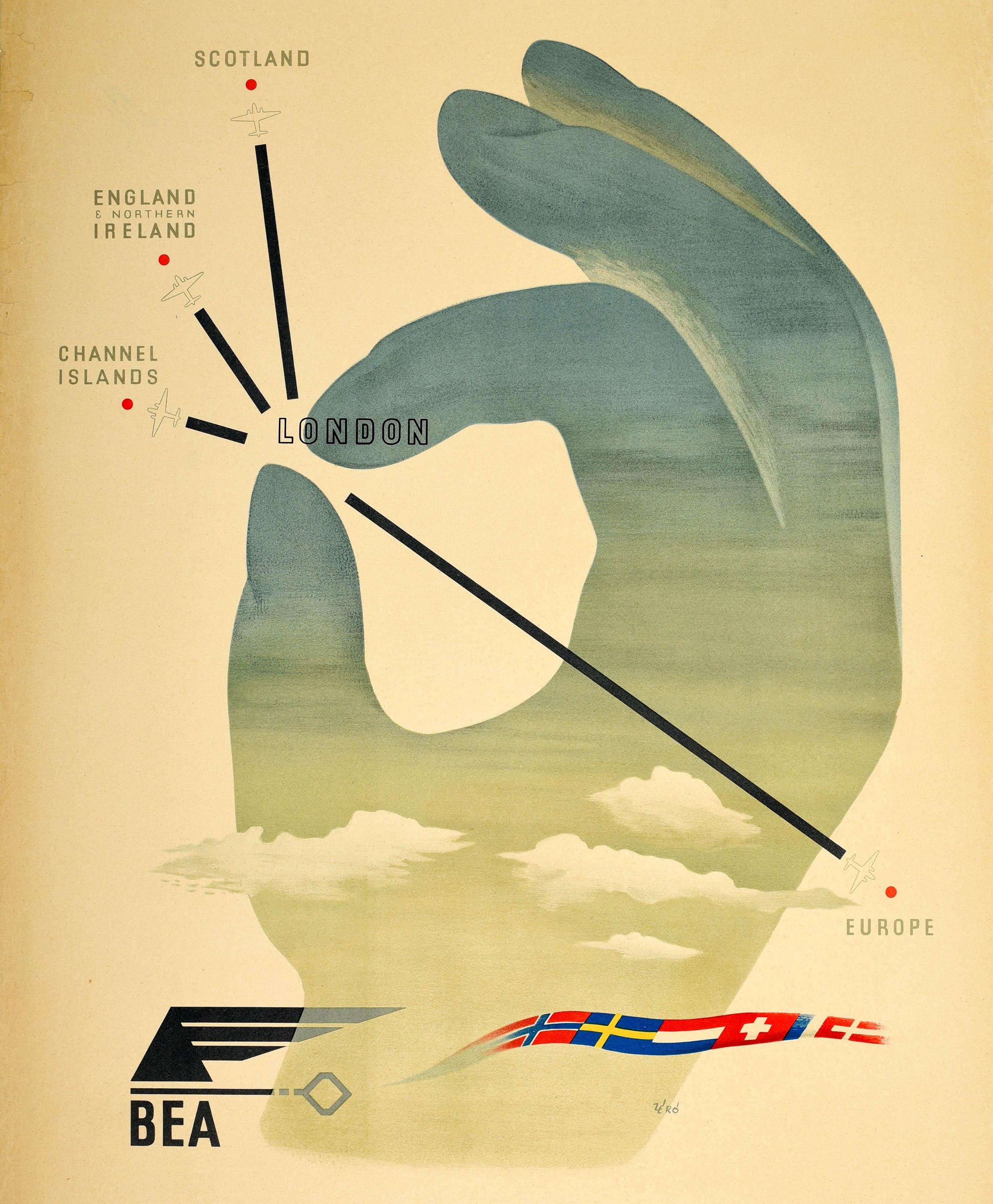 Poster pubblicitario d'epoca della BEA British European Airways con una grande illustrazione di metà secolo del noto graphic designer Zero (Hans Schleger; 1898-1976) che mostra una mano contro un cielo leggermente nuvoloso che fa il segno dell'OK