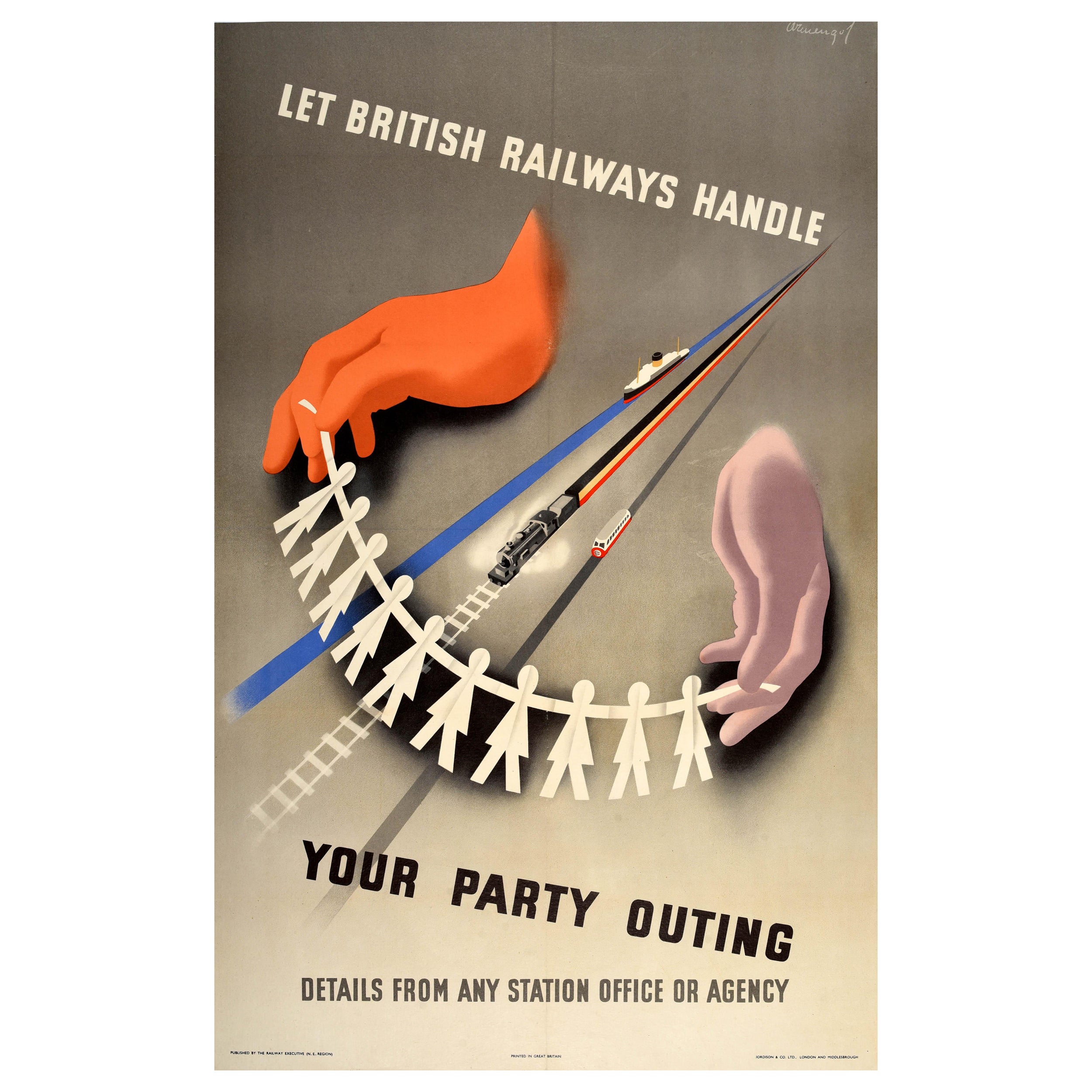 Original-Vintage-Reise-Werbeplakat British Railways Handle Party Outing, Britische Eisenbahn