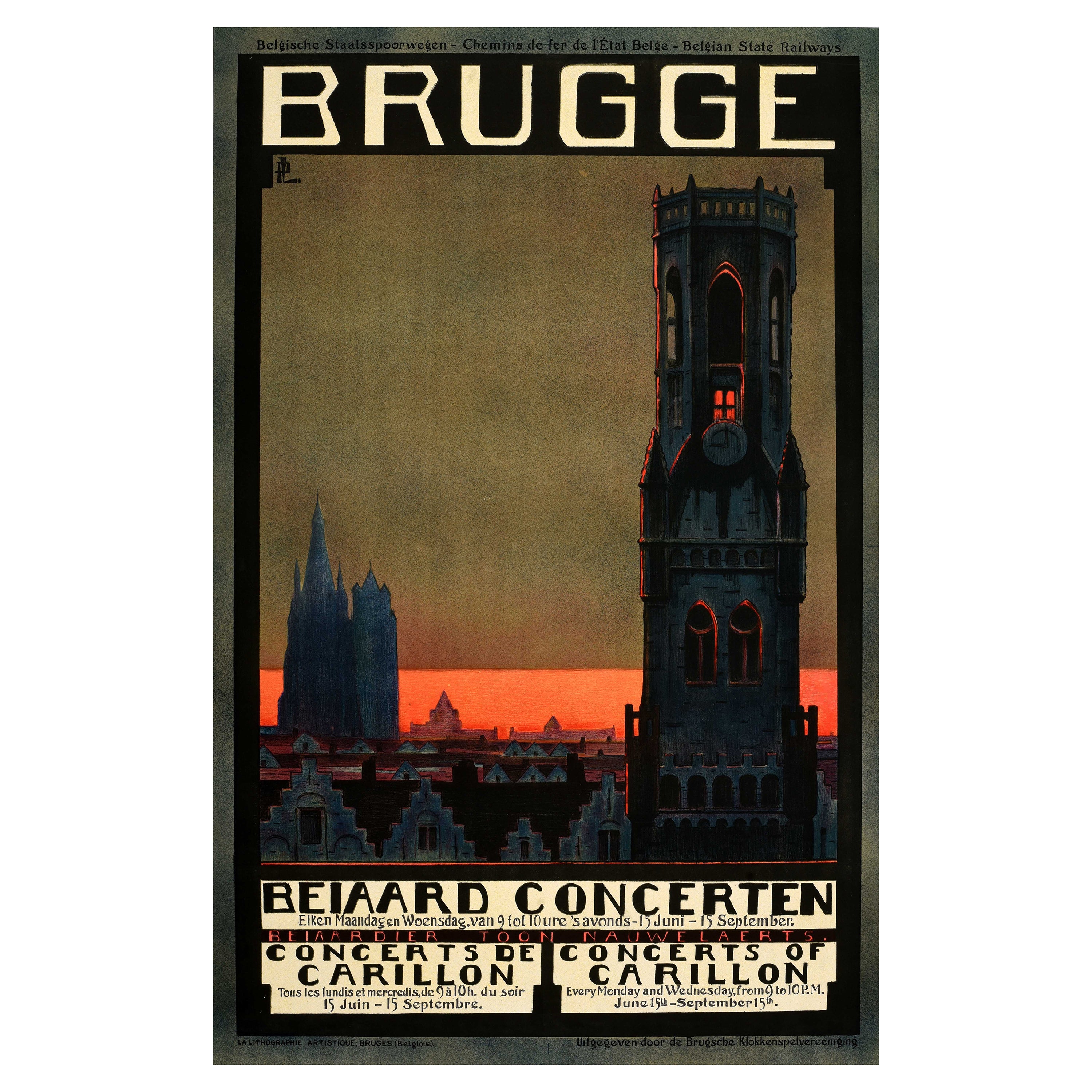 Poster pubblicitario originale d
epoca Brugge Bruges Concerti di Carillon
