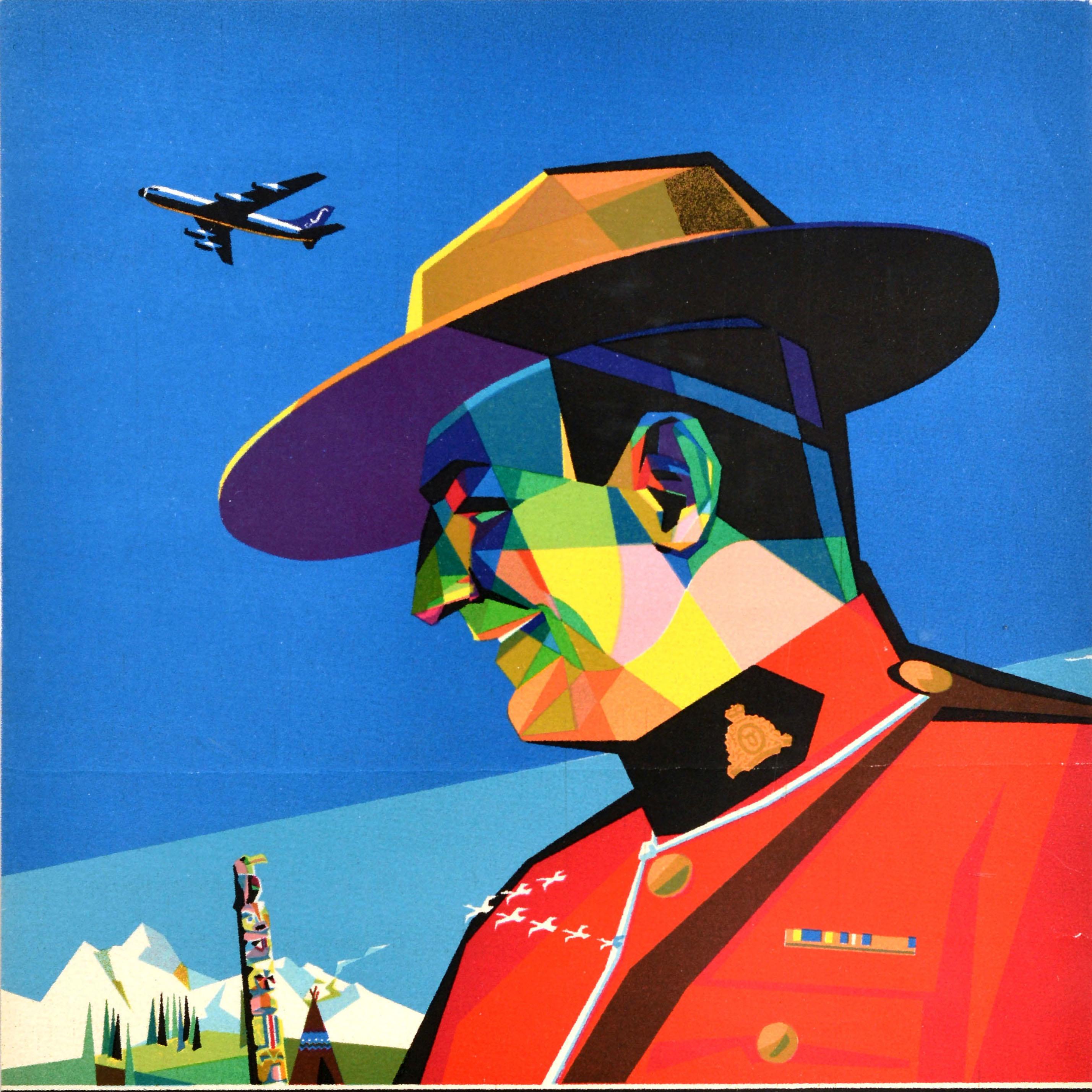 Original-Reisewerbeplakat - naar Kanada per Sabena / to Canada with Sabena (die nationale belgische Fluggesellschaft von 1923-2001) - mit einem farbenfrohen Design aus der Mitte des Jahrhunderts, das einen lächelnden Polizisten der Canadian Mounted