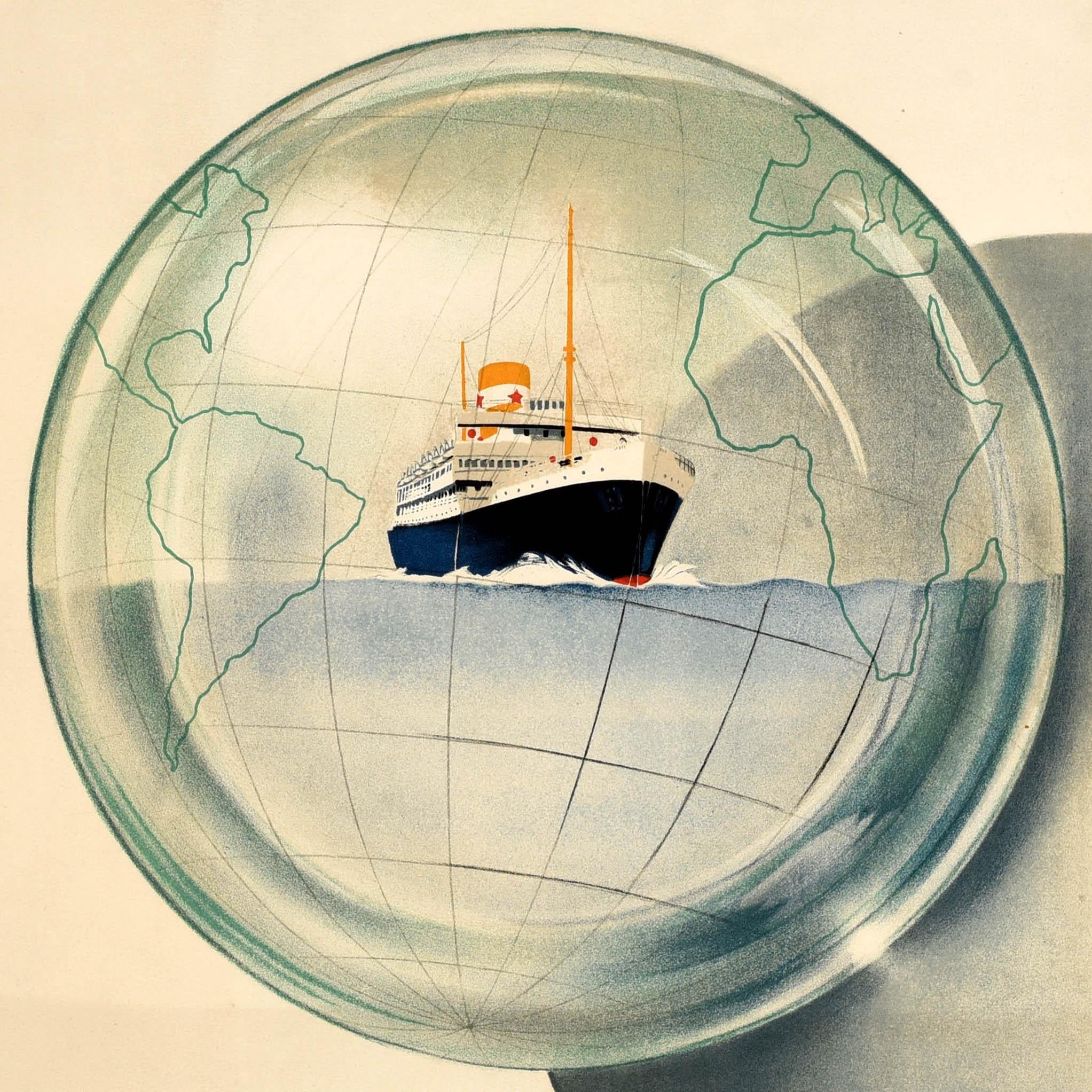 Original vintage travel advertising poster for Chargeurs Réunis / United Shippers - Design by Jean Rouille features a ship sailing at sea inside of a globe with five red stars and bold blue lettering below. Good condition, repaired tears, minor