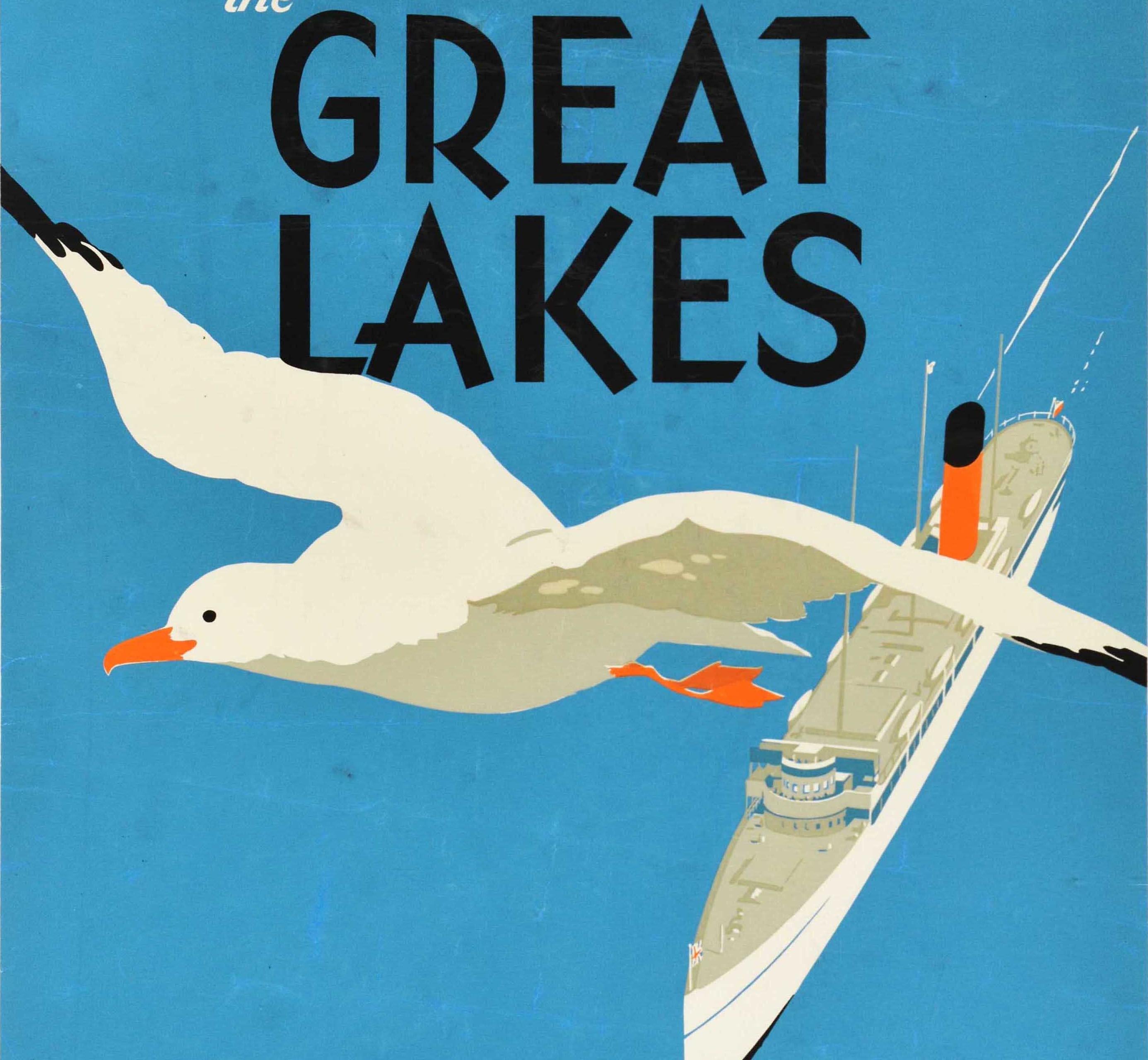 Original vintage travel advertising poster for Canadian Pacific - Cruise across the Great Lakes A pleasant summer holiday cruise on an inland sea or a delightful interlude in your Trans-Canada trip - featuring a seagull flying with a ship sailing on