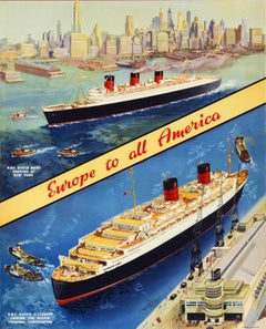 Original Vintage Travel Advertising Poster Cunard Europe America New York Cruise