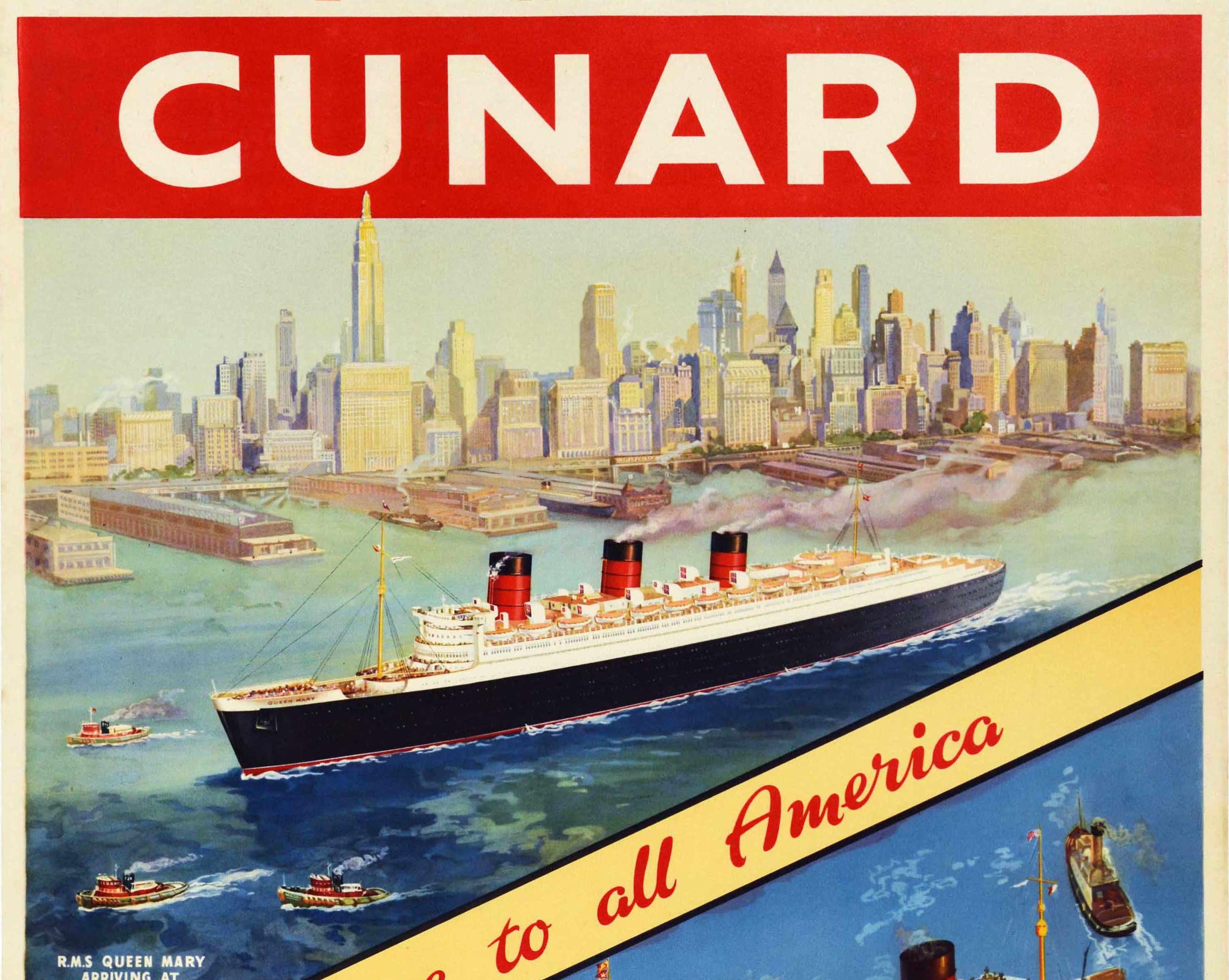 British Original Vintage Travel Advertising Poster Cunard Europe America New York Cruise For Sale