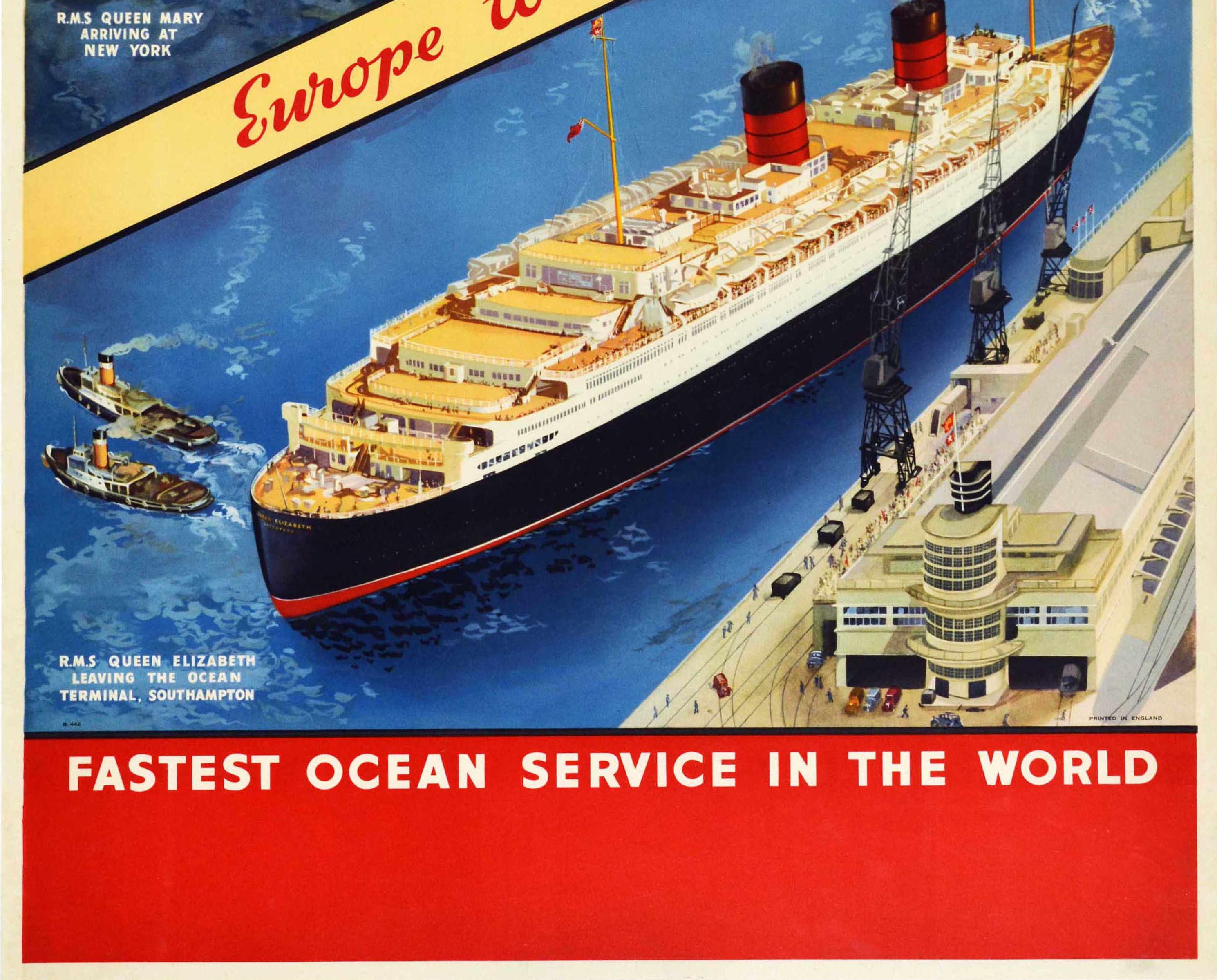 Original Vintage Travel Advertising Poster Cunard Europe America New York Cruise In Good Condition For Sale In London, GB