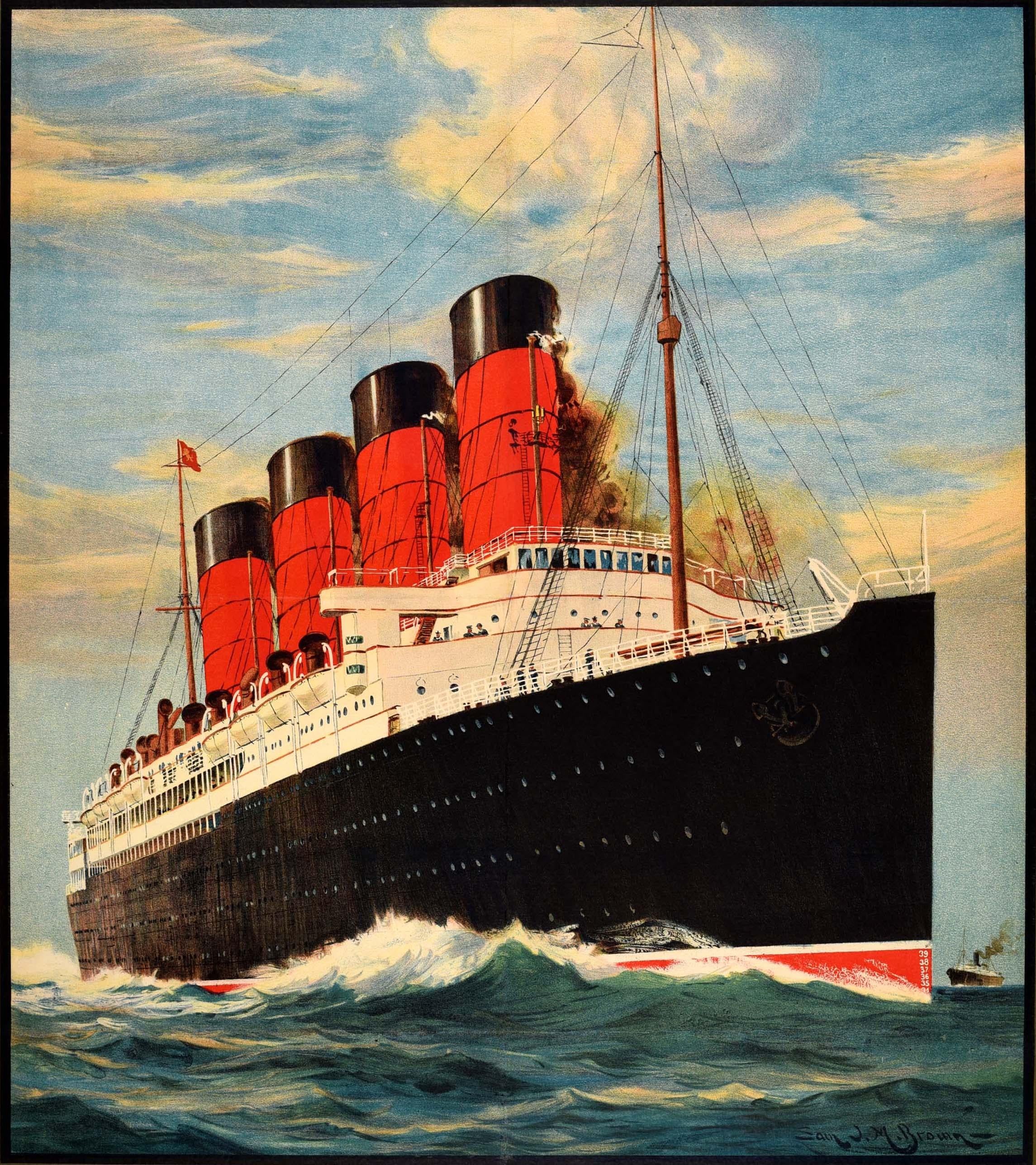 Original vintage travel advertising poster for Cunard Line Europe-America featuring a stunning illustration by Samuel John Milton Brown (1873-1965) of a four funnel Cunard Line cruise liner ship sailing across the ocean with another ship visible at
