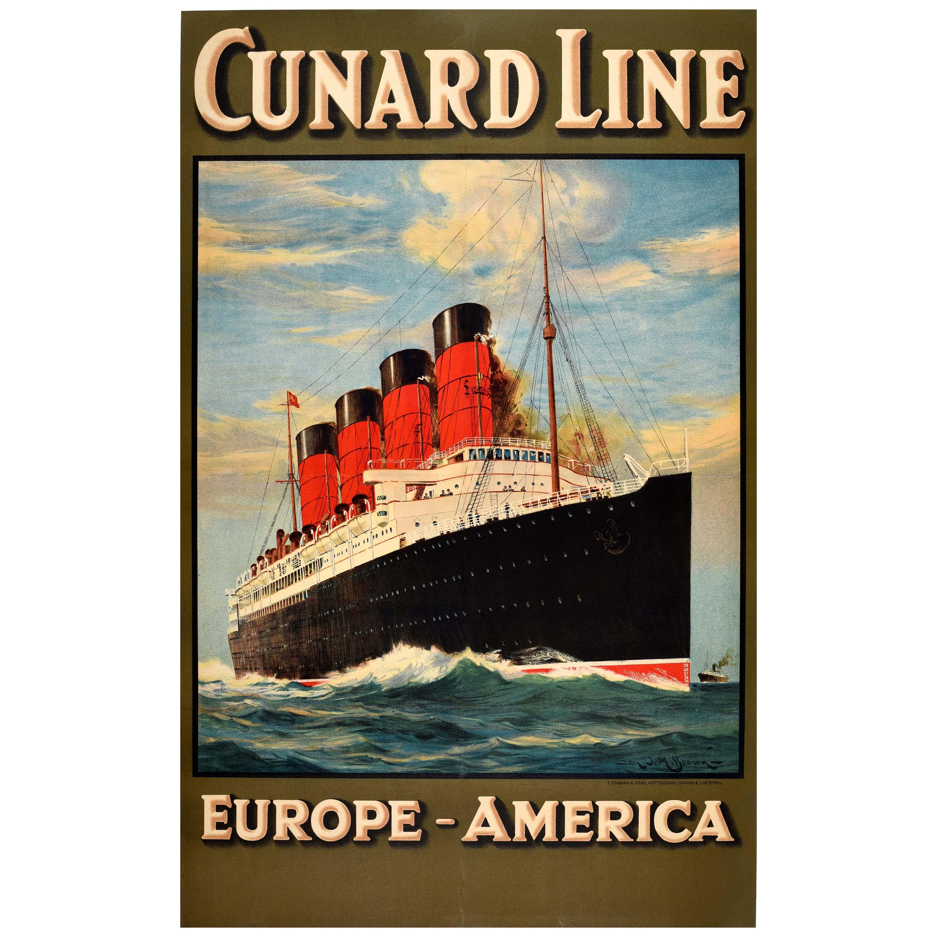 Affiche publicitaire originale de voyage vintage Cunard Line Europe America Cruise