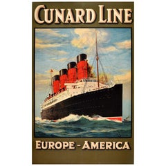 Original-Vintage-Reise-Werbeplakat Cunard Line Europe America Cruise