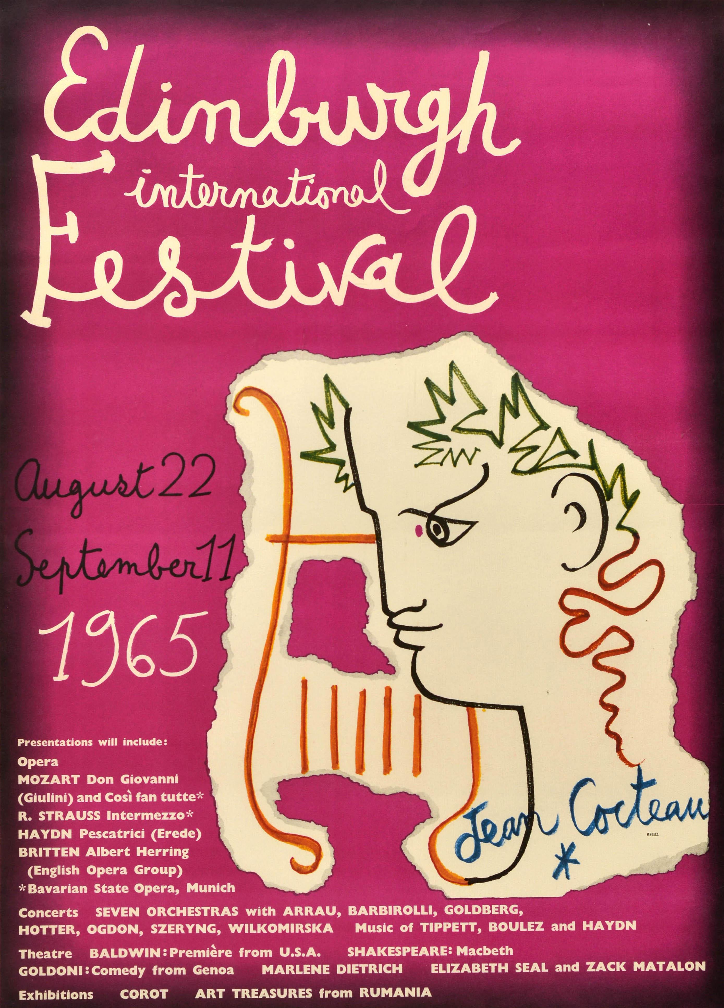 Originale manifesto pubblicitario d'epoca per il Festival Internazionale di Edimburgo, tenutosi dal 22 agosto all'11 settembre 1965, con un disegno colorato del poeta, scrittore e artista francese Jean Cocteau (1889-1963), che raffigura la sagoma di
