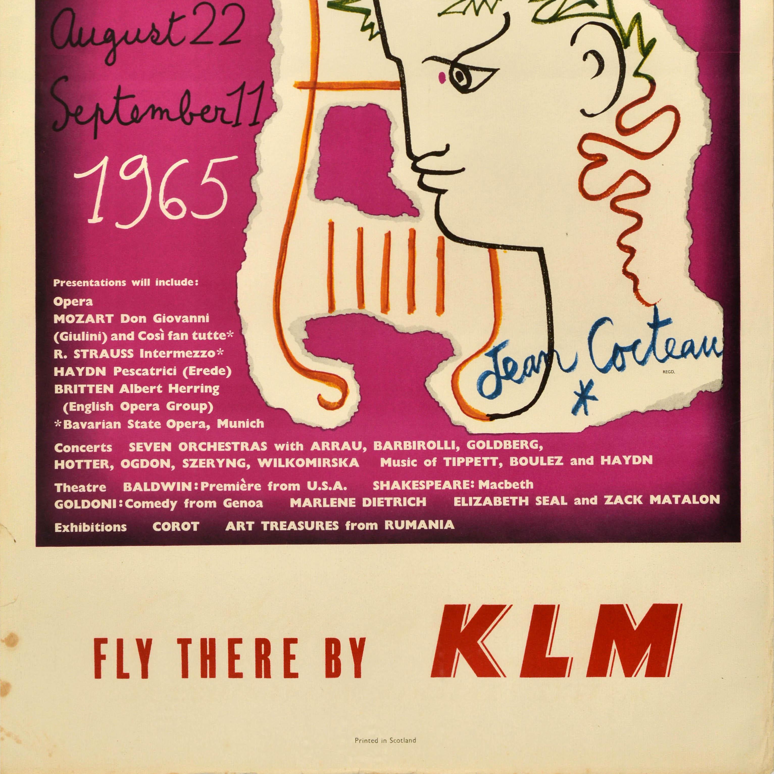 Poster pubblicitario originale d'epoca per il Festival di Edimburgo KLM Jean Cocteau In condizioni buone in vendita a London, GB