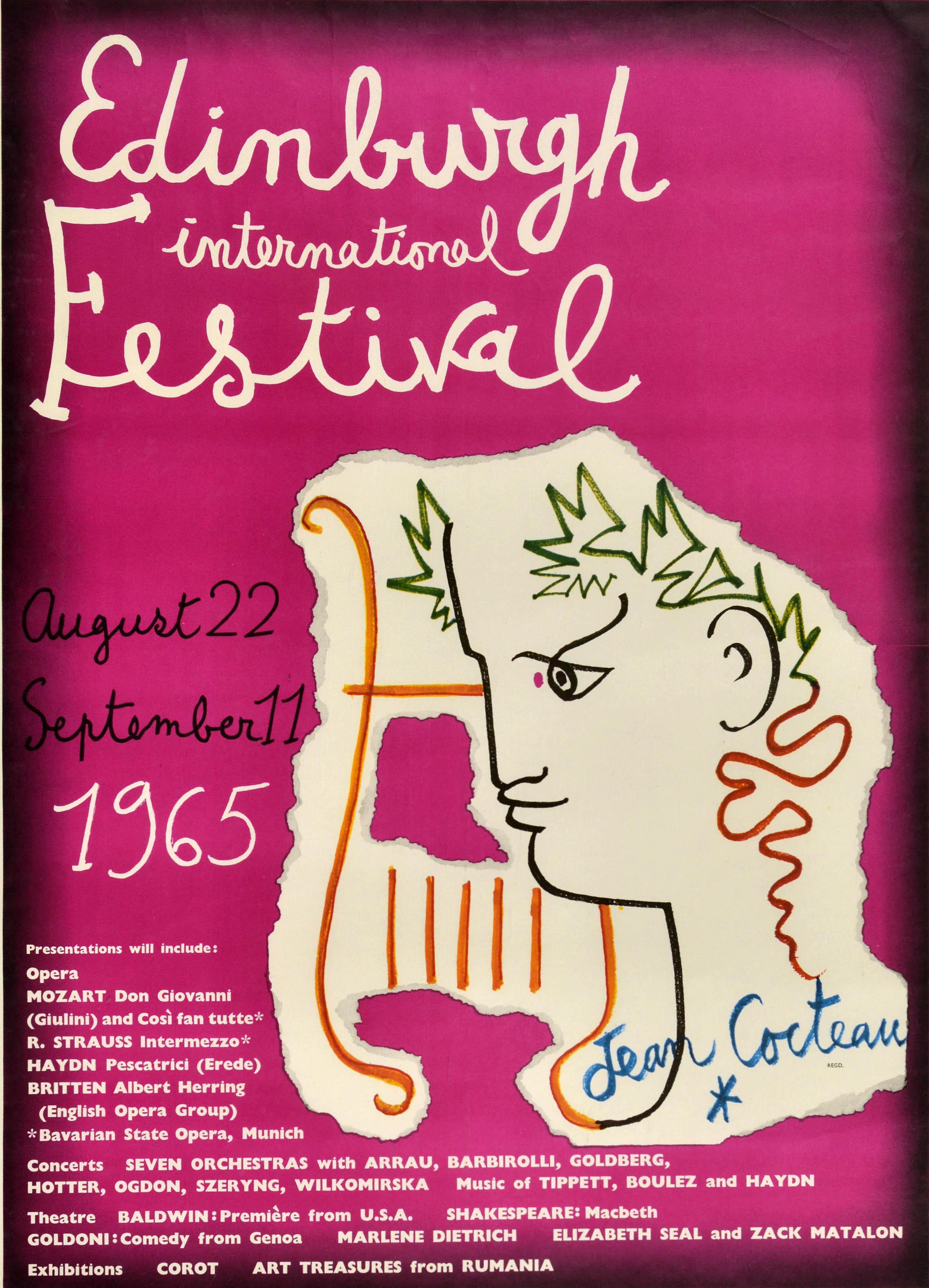 Originale manifesto pubblicitario d'epoca per il Festival Internazionale di Edimburgo, tenutosi dal 22 agosto all'11 settembre 1965, con un disegno colorato del poeta, scrittore e artista francese Jean Cocteau (1889-1963), che raffigura la sagoma di
