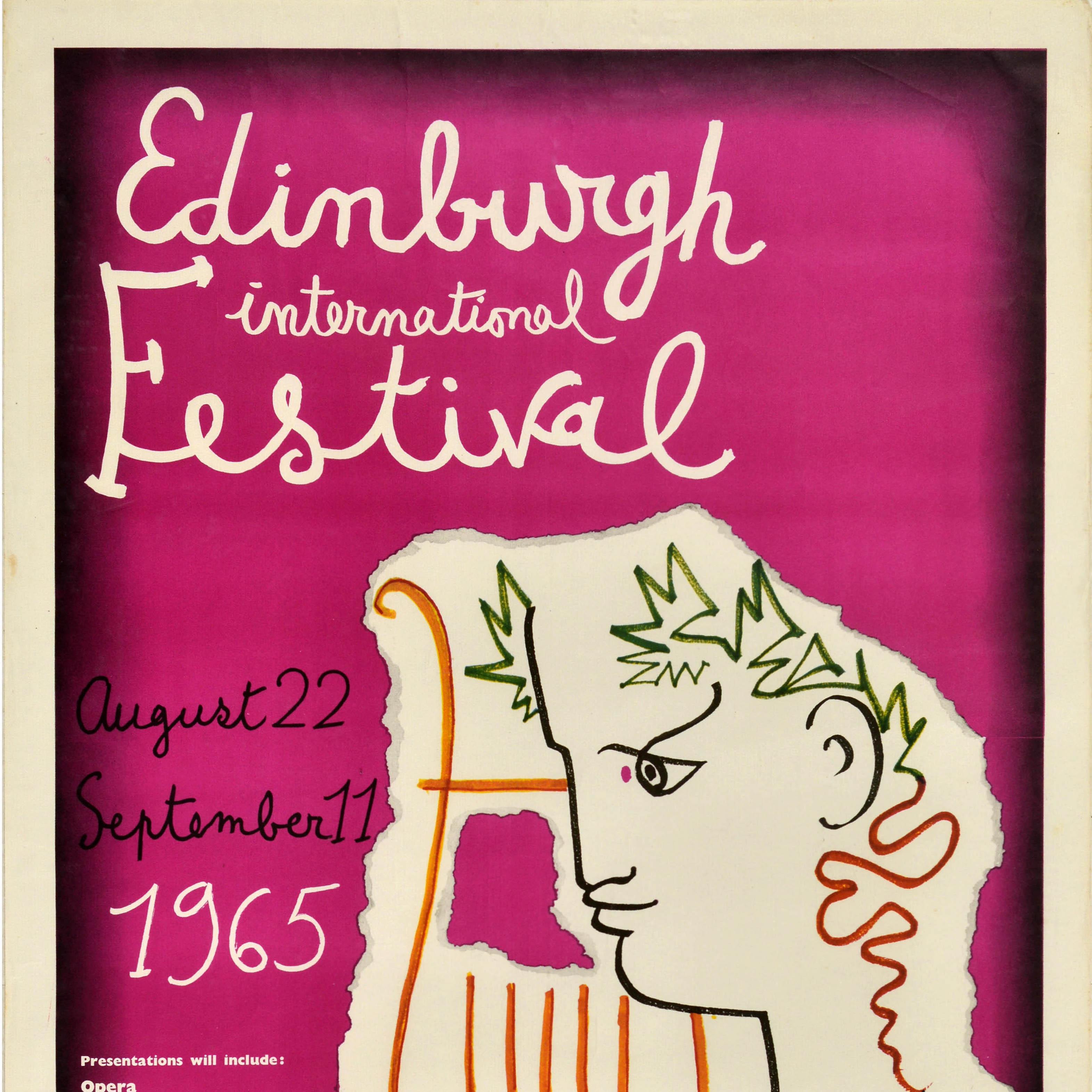 Britannico Poster pubblicitario di viaggio originale d'epoca Festival di Edimburgo Sabena Cocteau in vendita