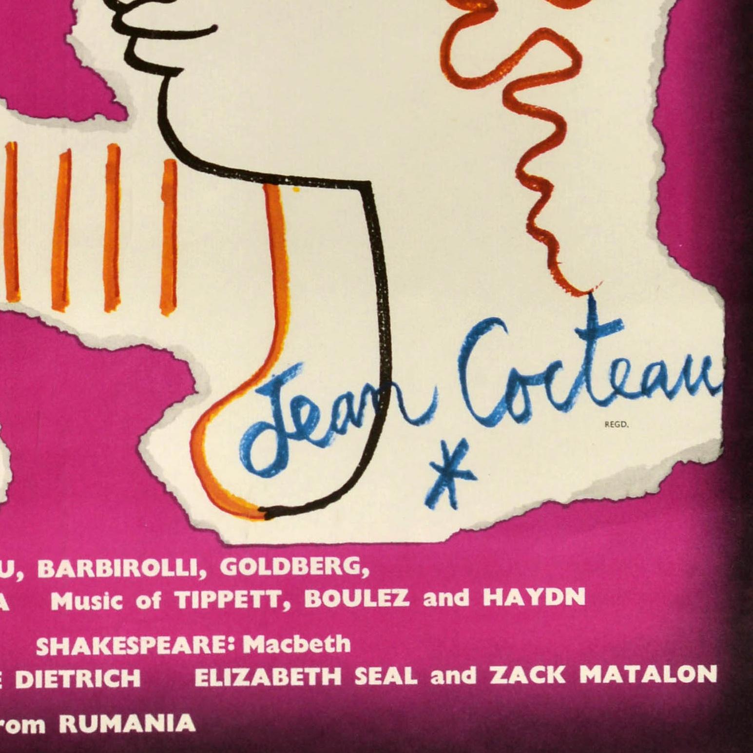 Metà XX secolo Poster pubblicitario di viaggio originale d'epoca Festival di Edimburgo Sabena Cocteau in vendita