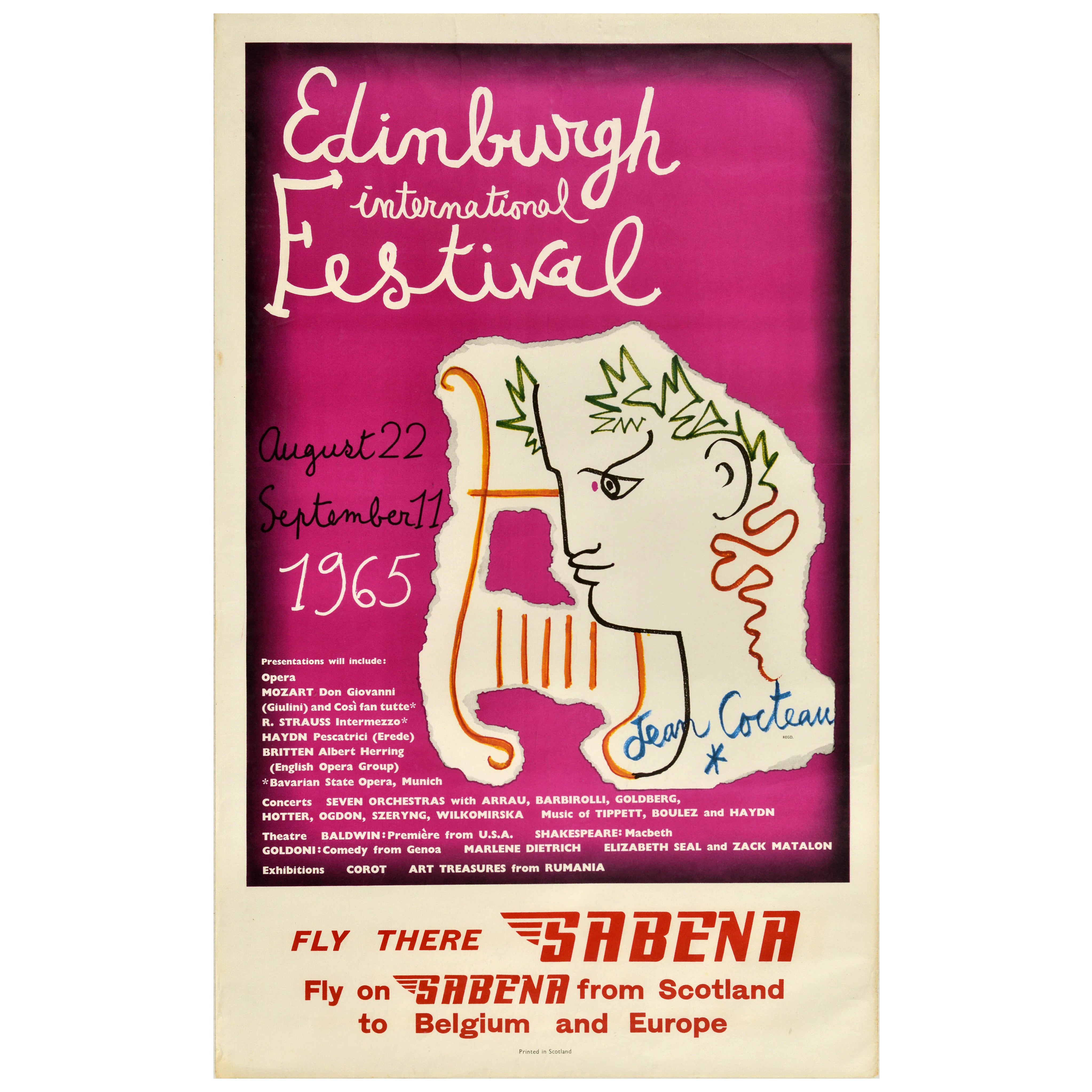 Poster pubblicitario di viaggio originale d'epoca Festival di Edimburgo Sabena Cocteau