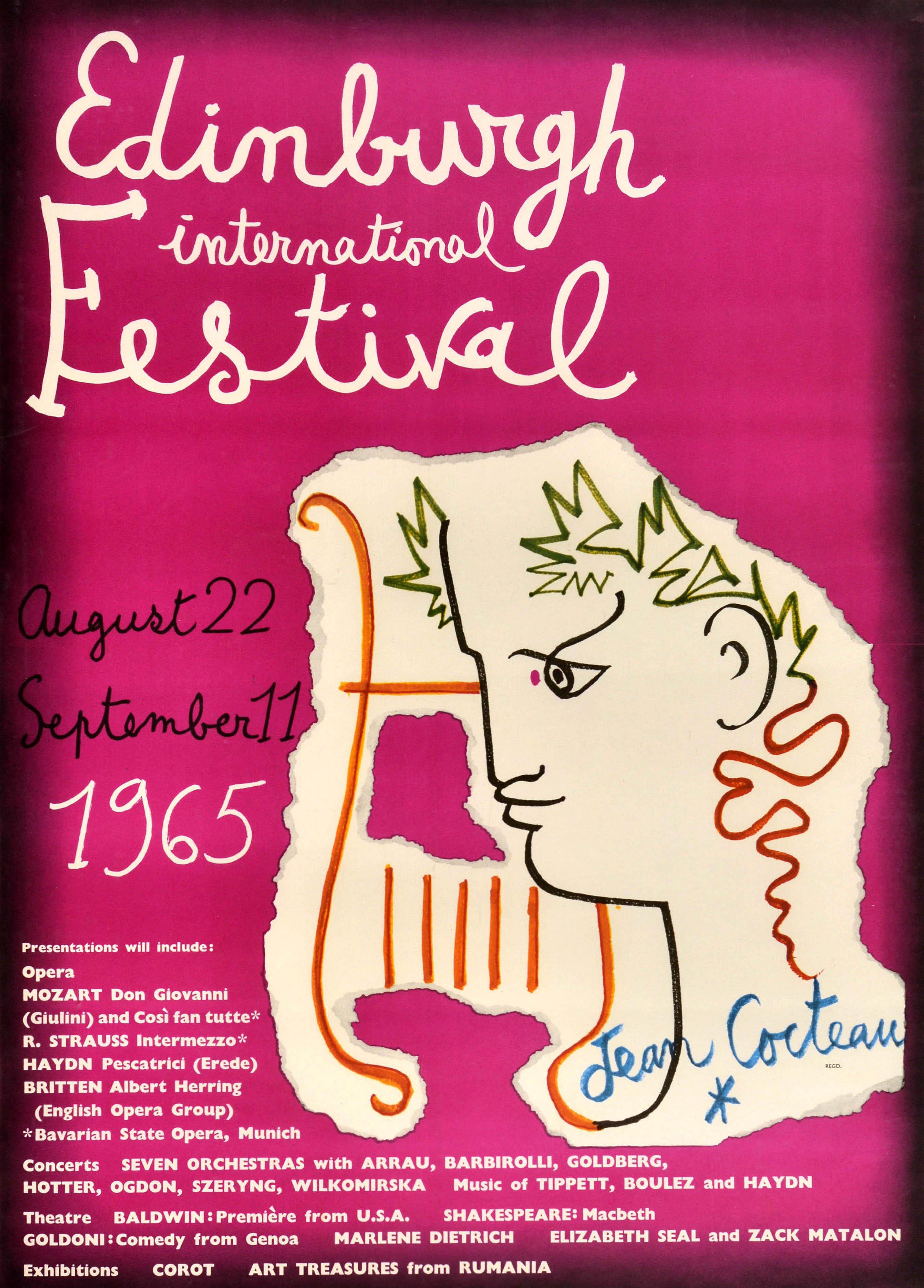 Originale manifesto pubblicitario d'epoca per il Festival Internazionale di Edimburgo, tenutosi dal 22 agosto all'11 settembre 1965, con un disegno colorato del poeta, scrittore e artista francese Jean Cocteau (1889-1963), che raffigura la sagoma di