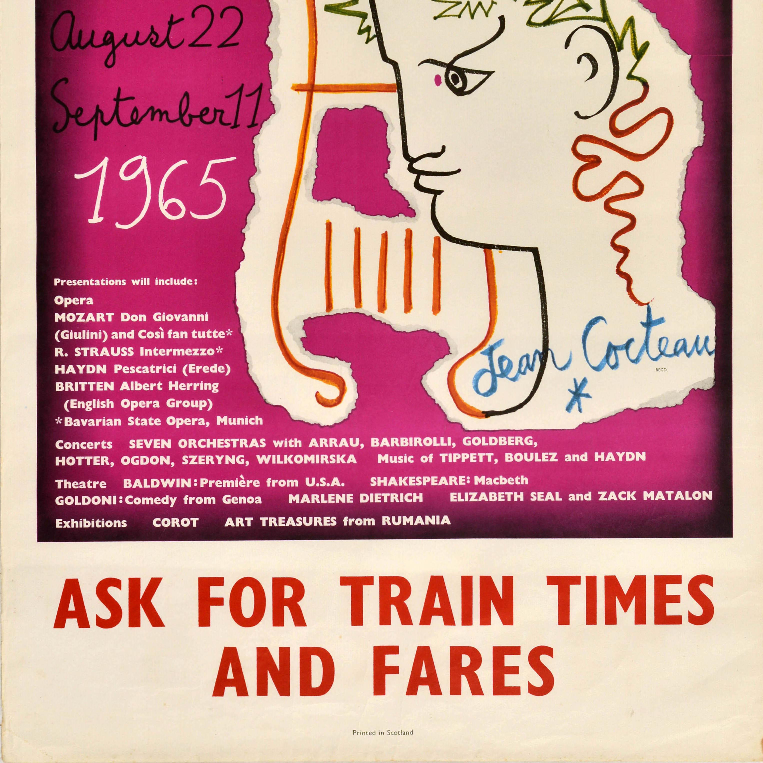 Poster pubblicitario d'epoca per il festival di Edimburgo, treno Jean Cocteau In condizioni buone in vendita a London, GB