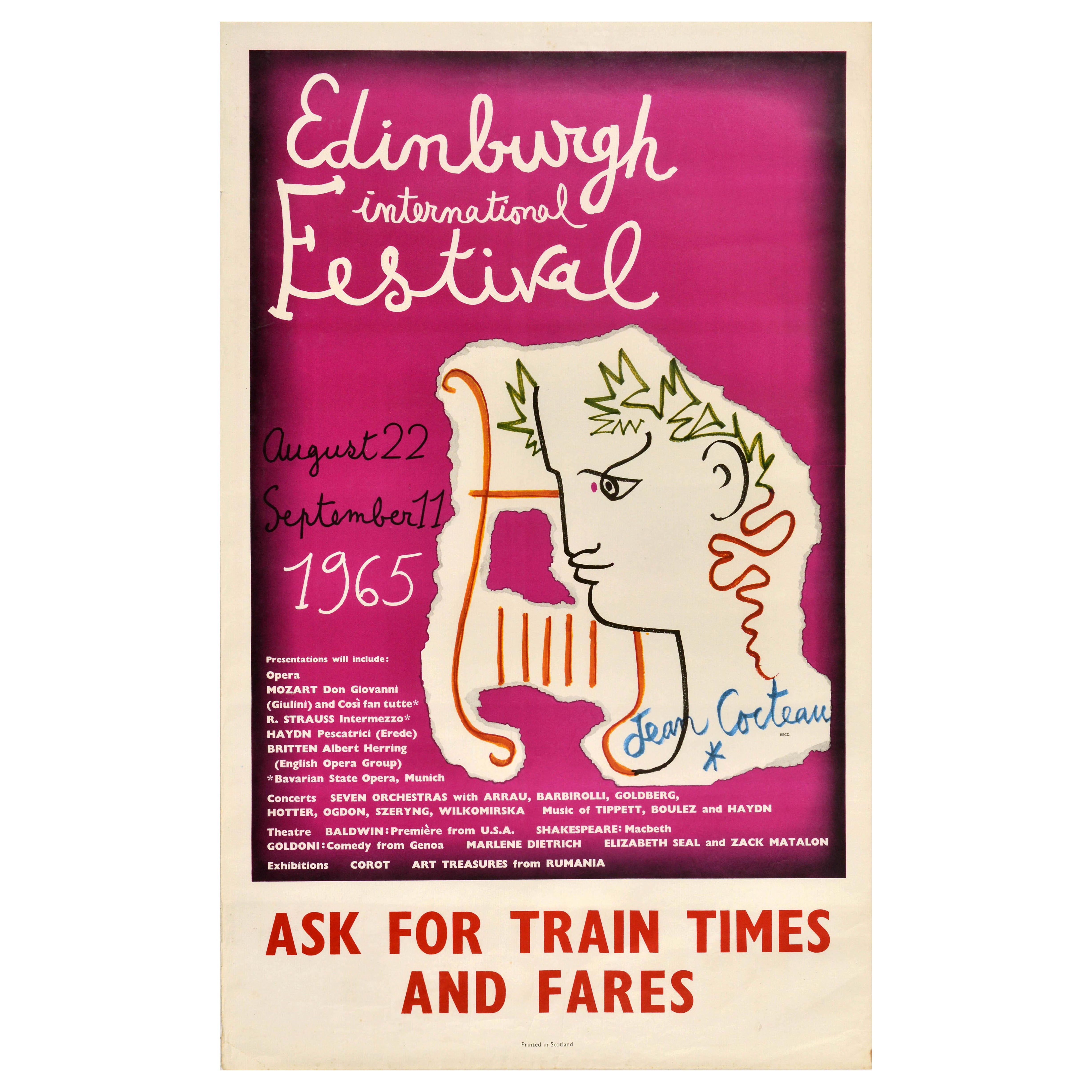 Poster pubblicitario d'epoca per il festival di Edimburgo, treno Jean Cocteau