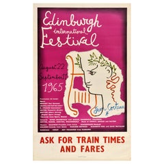 Poster pubblicitario d'epoca per il festival di Edimburgo, treno Jean Cocteau