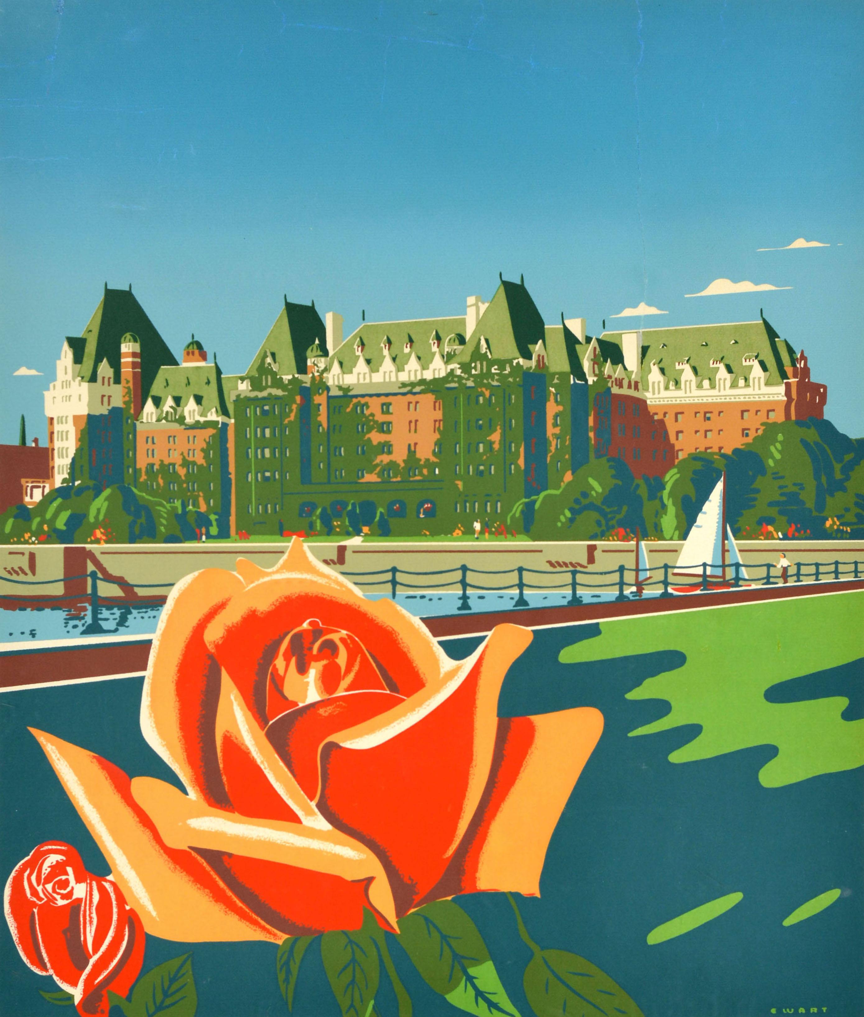 Cartel publicitario de viajes original de época para The Empress A Canadian Pacific Hotel Victoria B.C. In Canada's Evergreen Playground con una colorida obra del artista canadiense Peter Maxwell Ewart (1918-2001) que muestra una vista del histórico