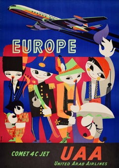 Poster pubblicitario d'epoca originale per l'Europa UAA United Arab Airlines Comet