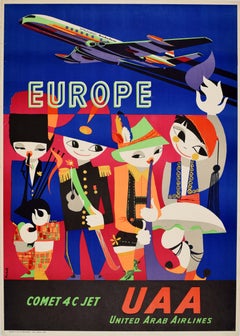 Poster pubblicitario d'epoca originale per l'Europa UAA United Arab Airlines Comet