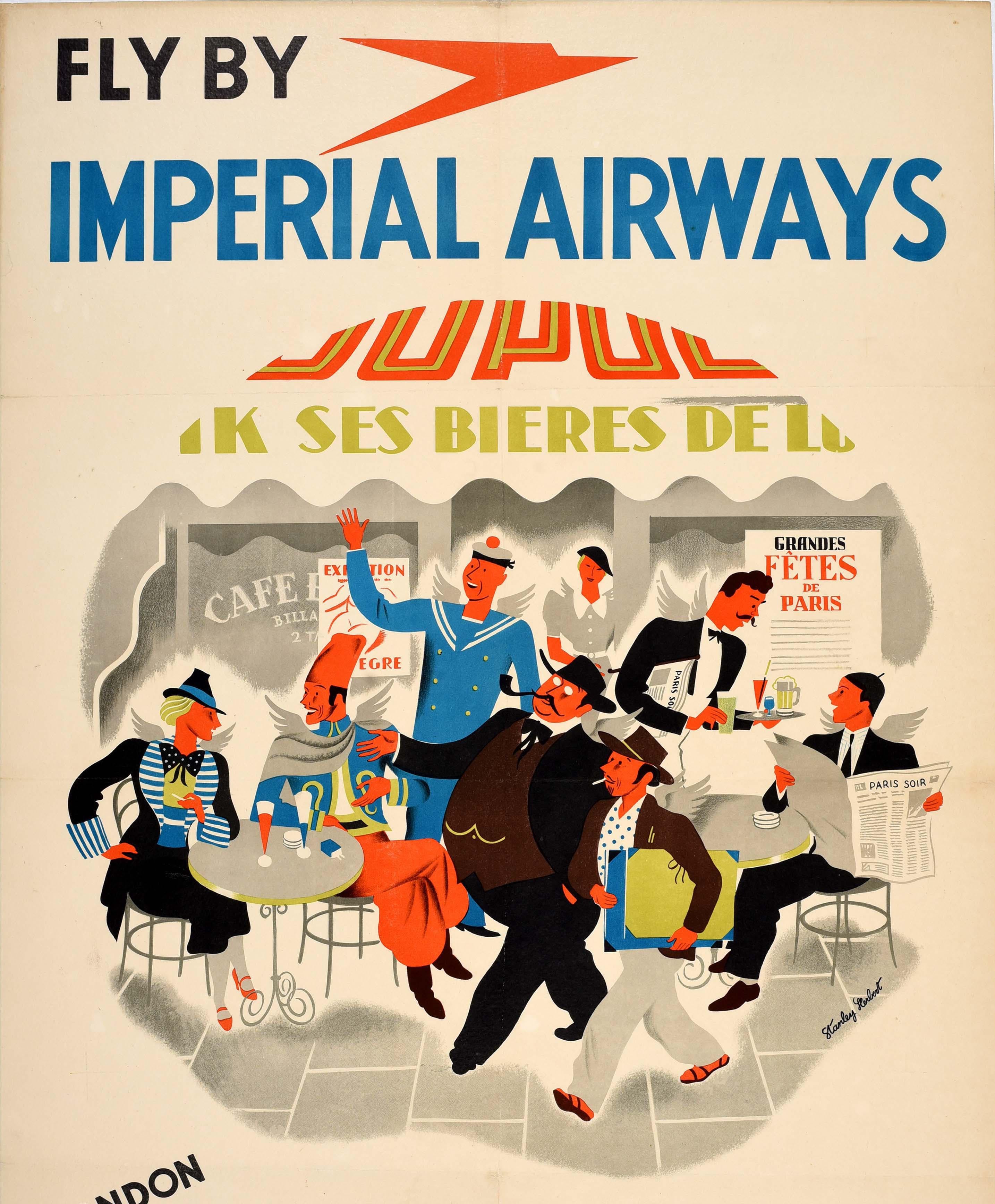 British Original Vintage Travel Advertising Poster Fly By Imperial Airways Paris Prague  For Sale