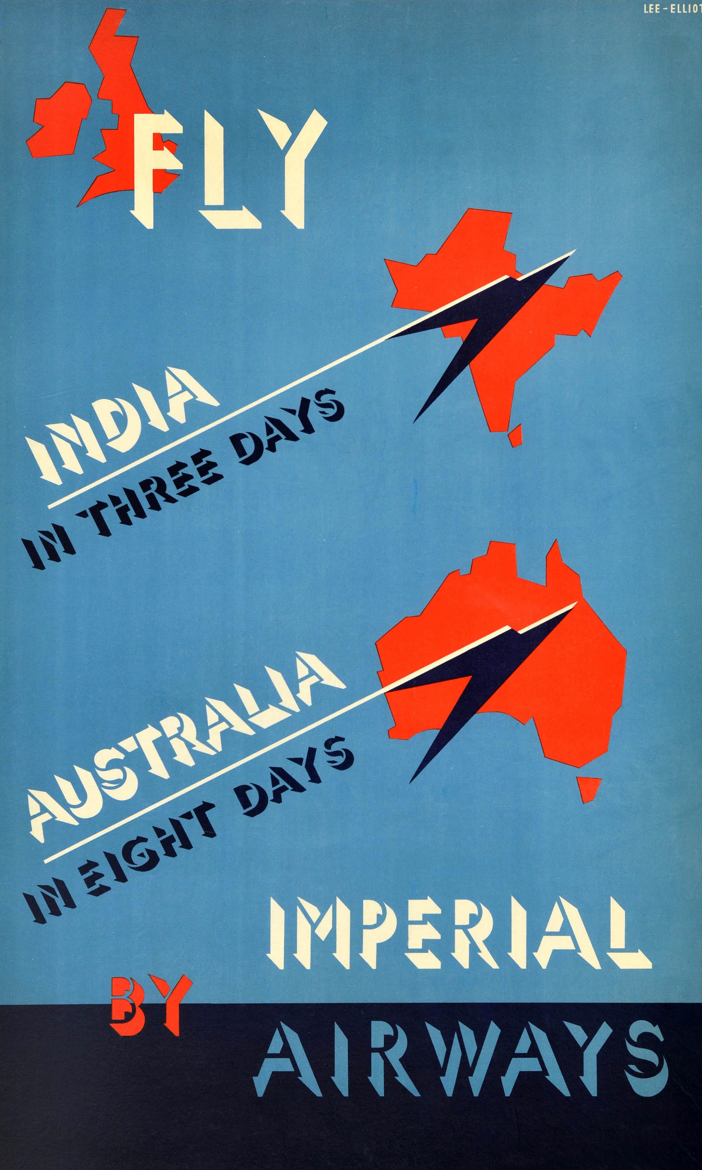 Original vintage travel advertising poster - Fly by Imperial Airways India in three days Australia in eight days - featuring the stylised bold text over red map shapes of the UK and Ireland at the top with the destination text diagonally on lines