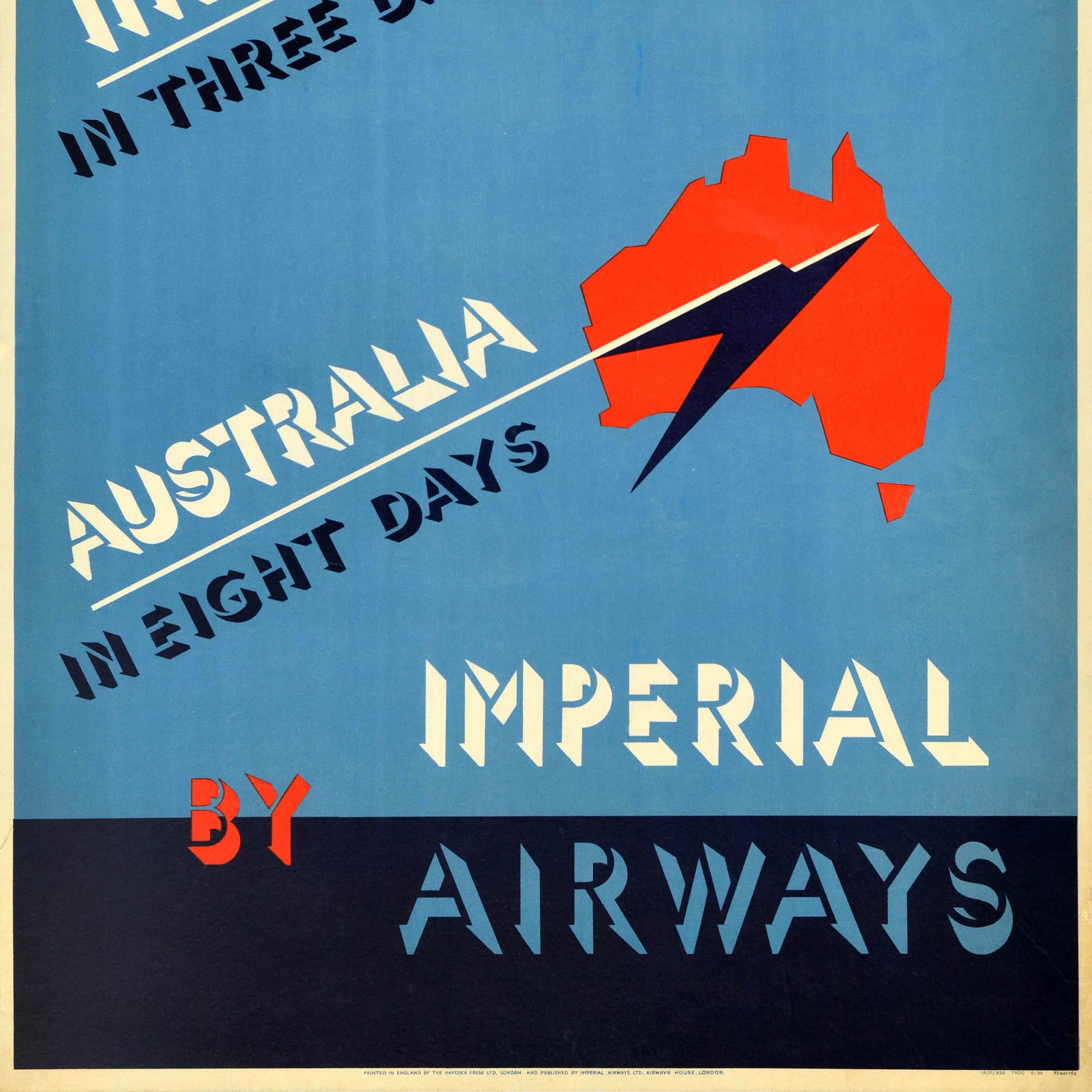 British Original Vintage Travel Advertising Poster Fly Imperial Airways India Australia For Sale