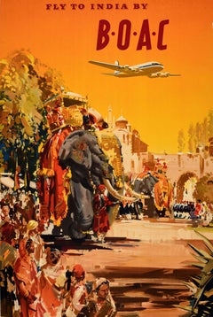 Original Vintage Travel Advertising Poster Fly To India By BOAC Airline Wootton