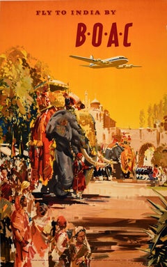Original Vintage Travel Advertising Poster Fly To India By BOAC Airline Wootton