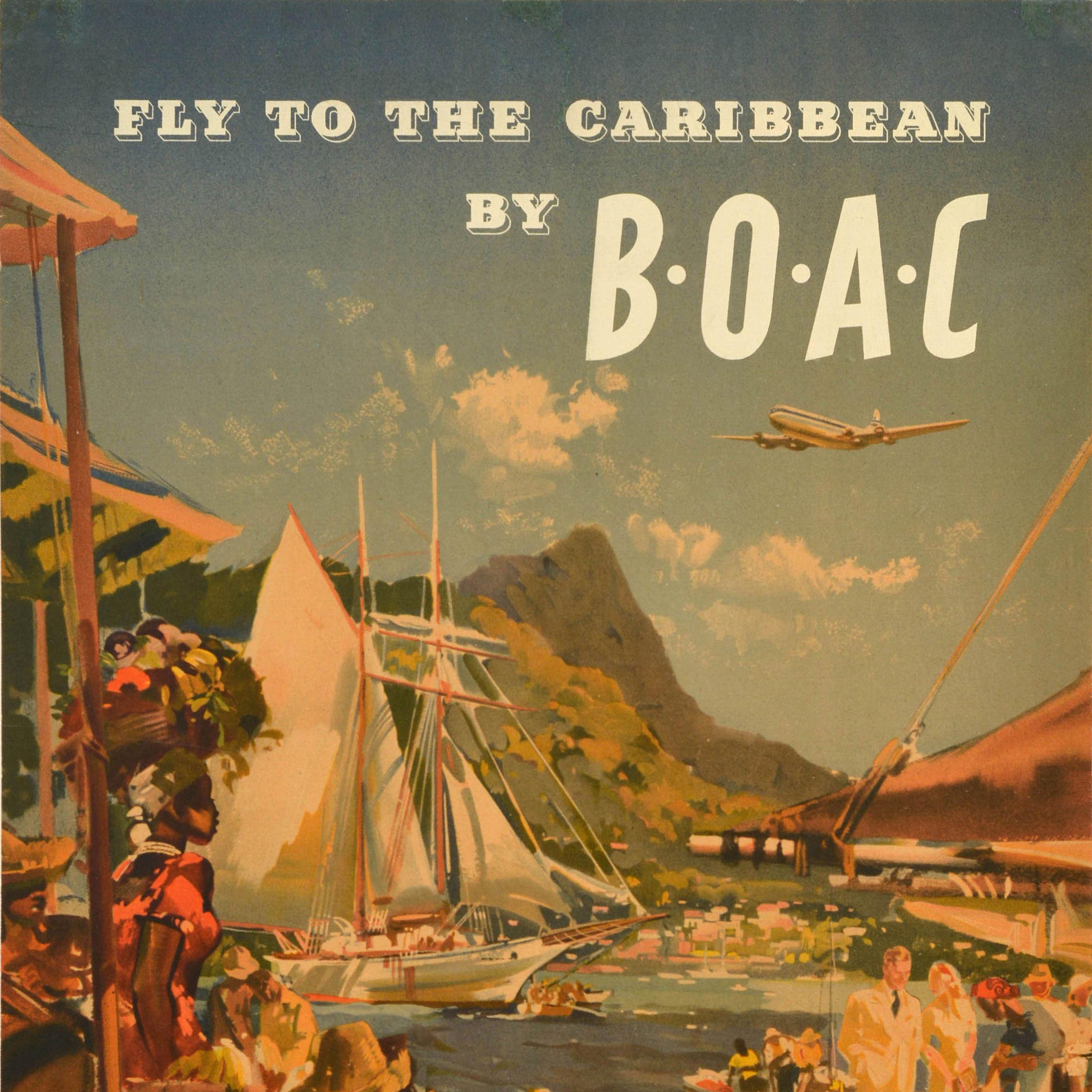 Original vintage travel advertising poster - Fly to the Caribbean by BOAC - featuring a colourful illustration by the notable British painter and illustrator Frank Wootton (1911-1998) depicting tourists in a busy fruit and vegetable market on a