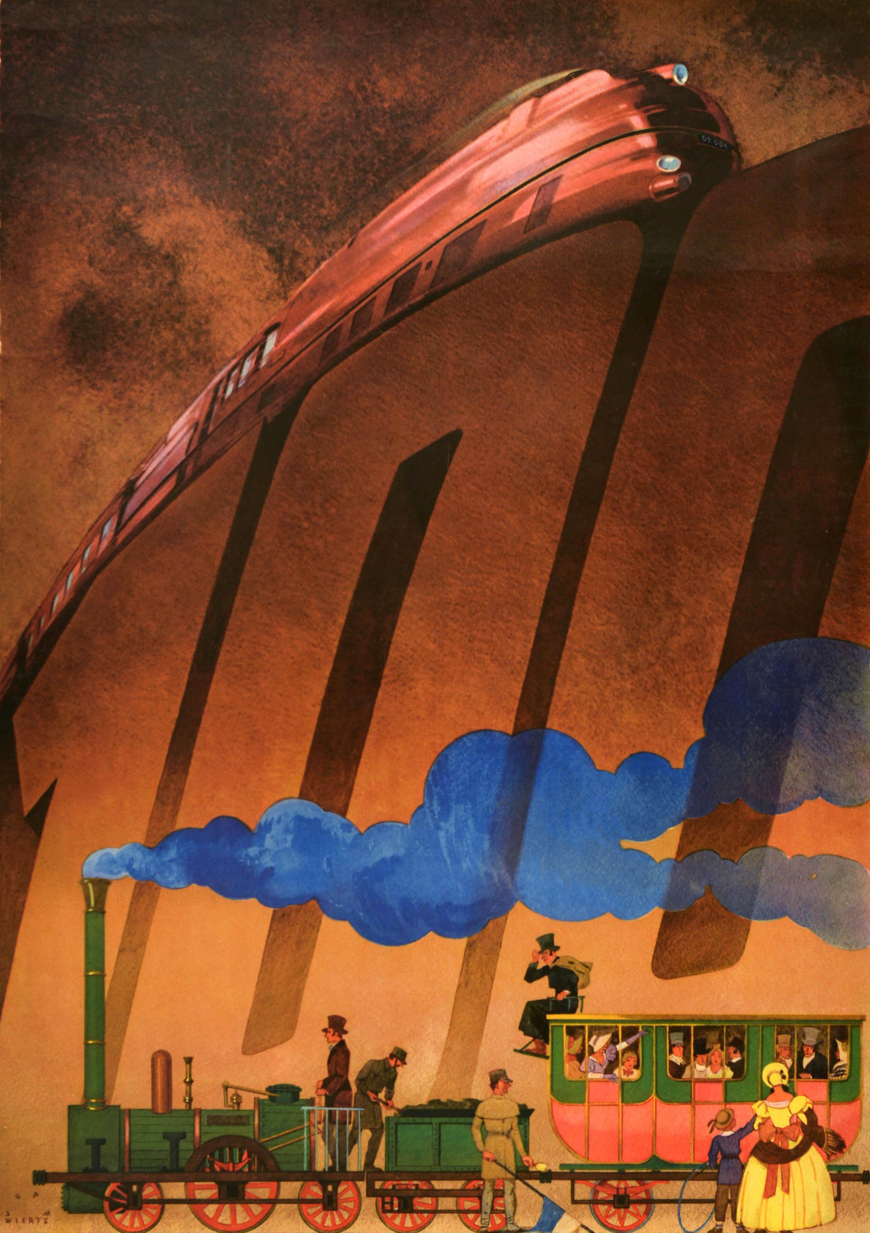Cartel publicitario de viajes original de época para la Exposición del Centenario de los Ferrocarriles Alemanes celebrada en Núremberg del 14 de julio a principios de septiembre de 1935 - Centenaire Des Chemins De Fer Allemands Exposition A