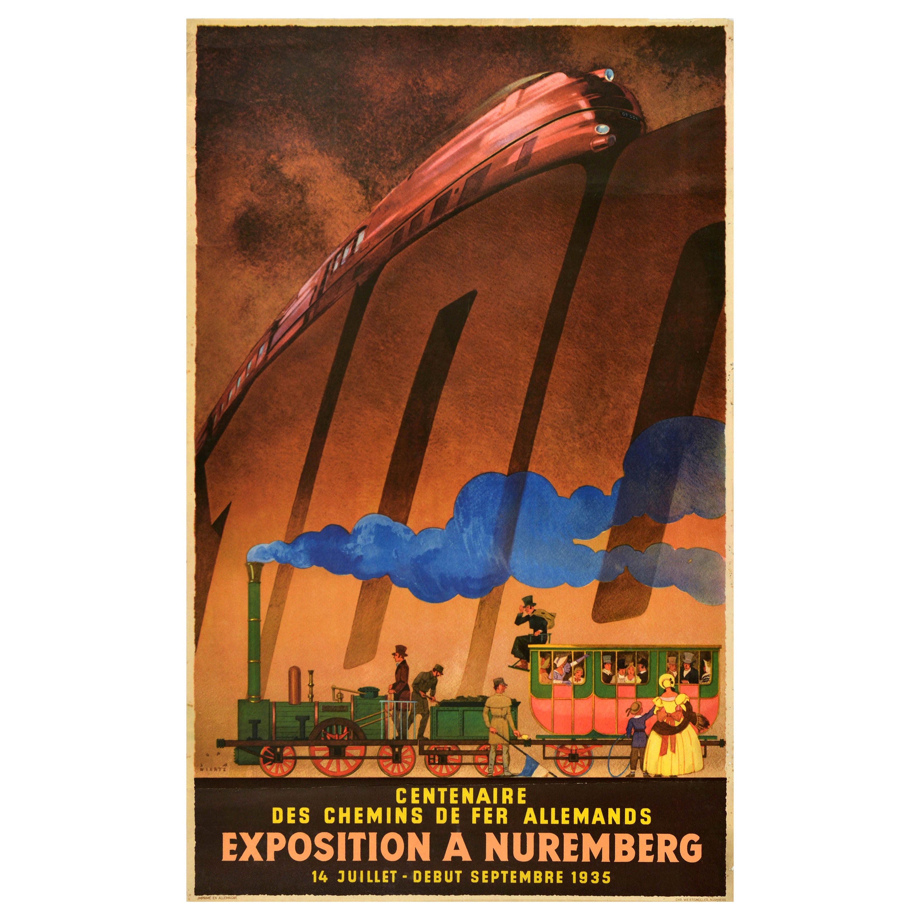 Poster pubblicitario di viaggio originale d'epoca Esposizione delle ferrovie tedesche di Norimberga