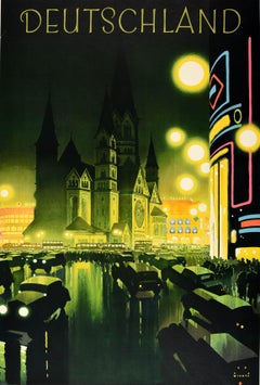 Affiche publicitaire vintage originale de voyage Berlin Night Art Deco Design