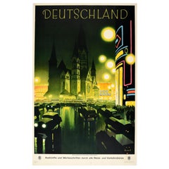 Affiche publicitaire vintage originale de voyage Berlin Night Art Deco Design