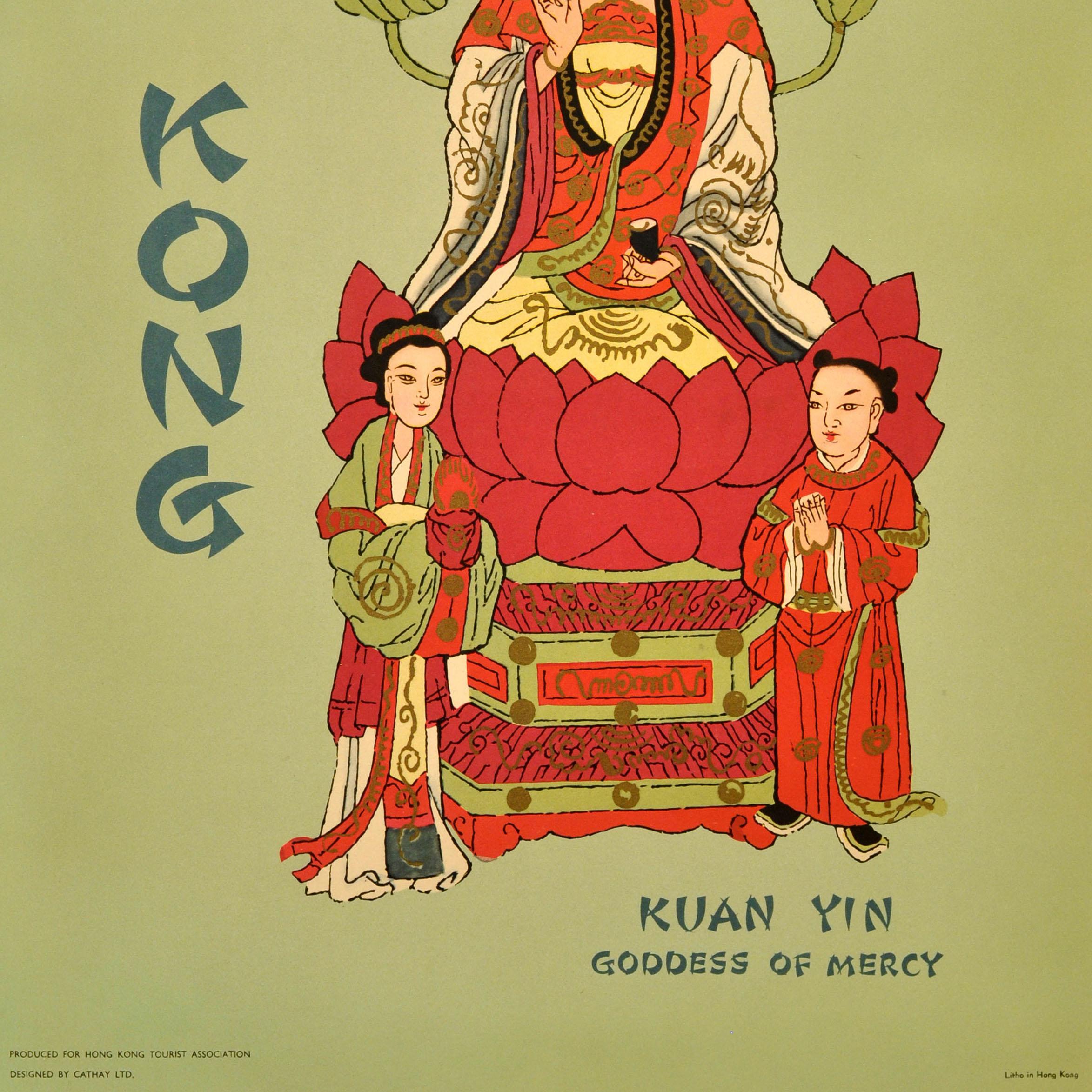 Poster pubblicitario di viaggio originale d'epoca Hong Kong Kuan Yin Dea della Misericordia In condizioni buone in vendita a London, GB