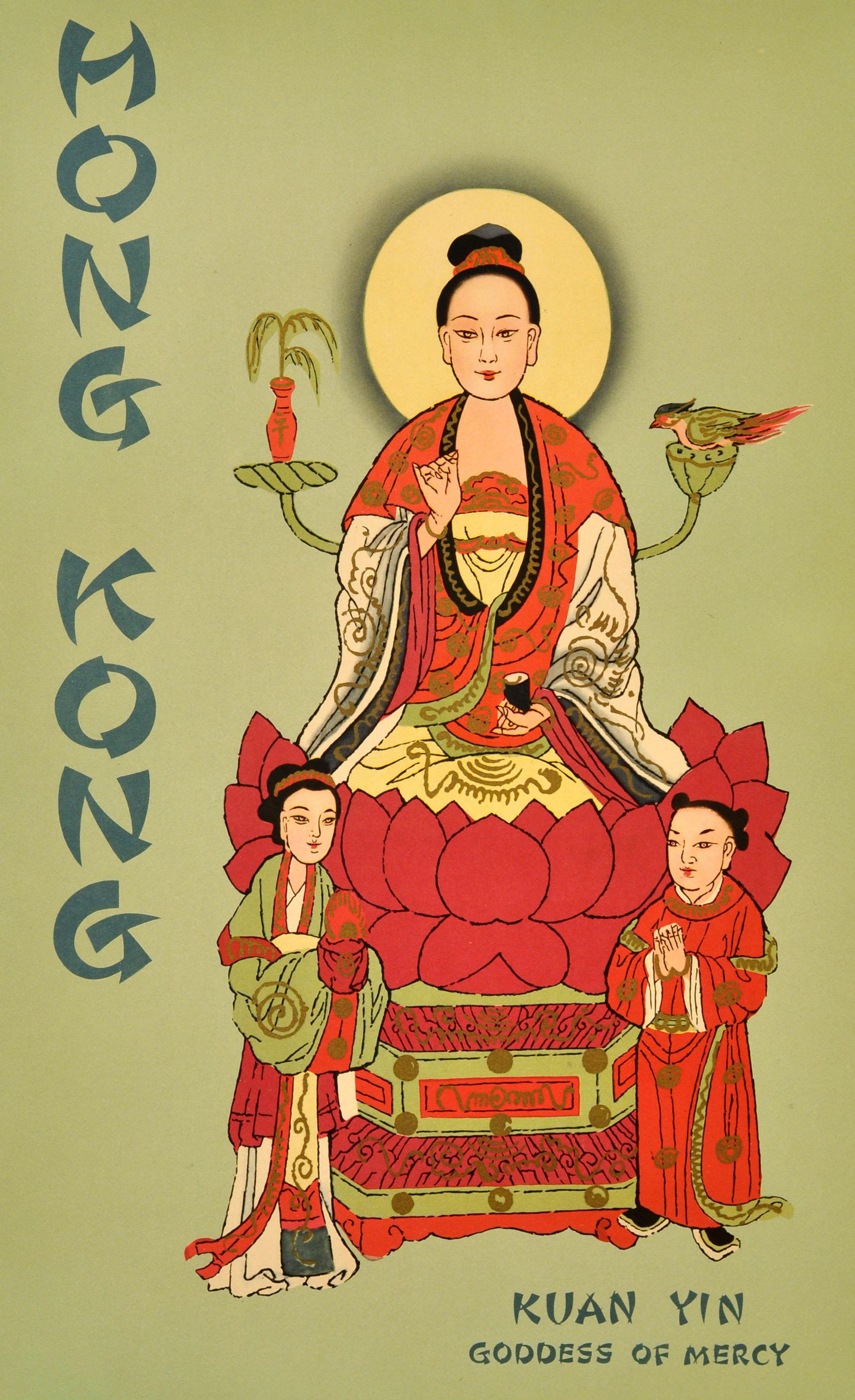 Metà XX secolo Poster pubblicitario di viaggio originale d'epoca Hong Kong Kuan Yin Dea della Misericordia in vendita
