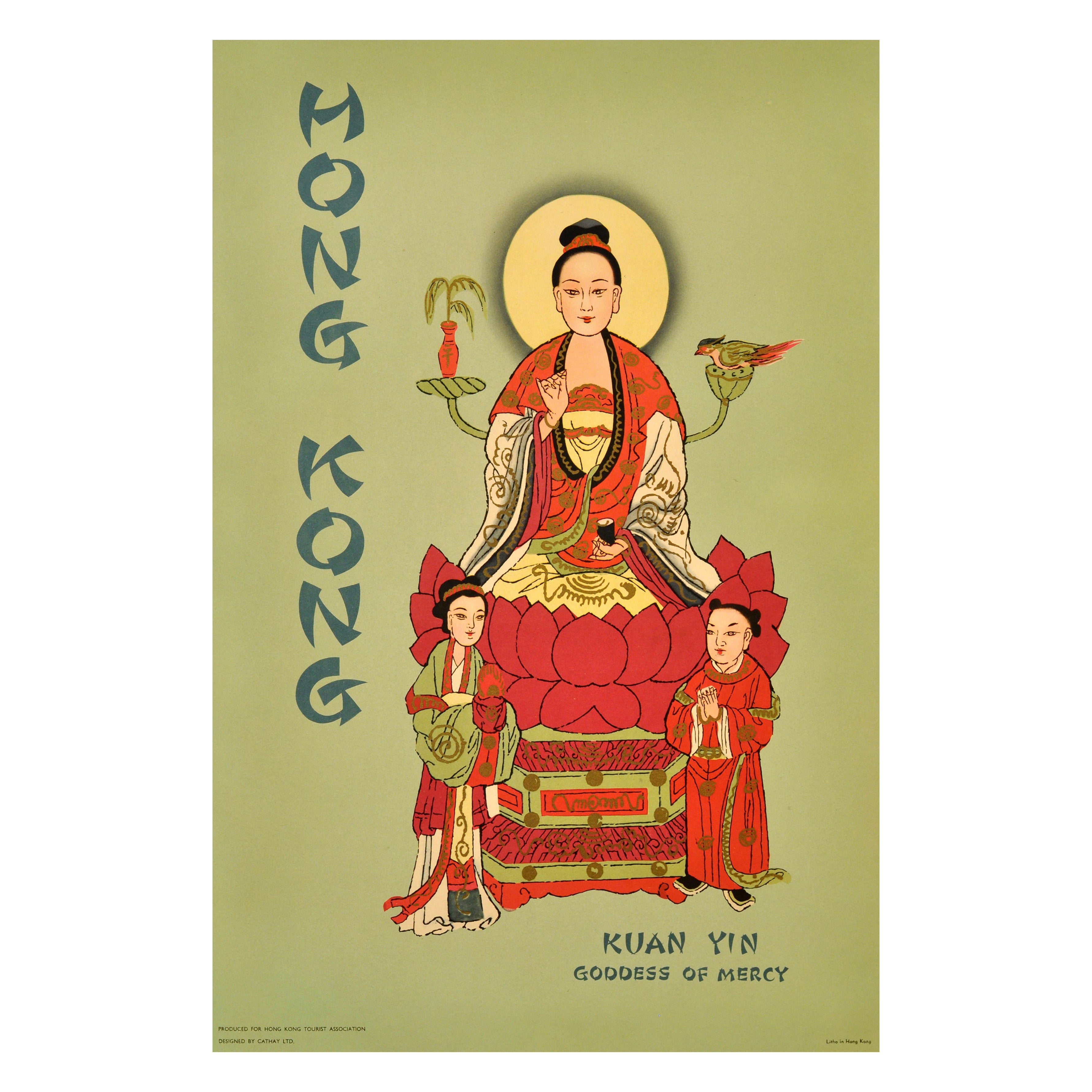 Poster pubblicitario di viaggio originale d
epoca Hong Kong Kuan Yin Dea della Misericordia in vendita
