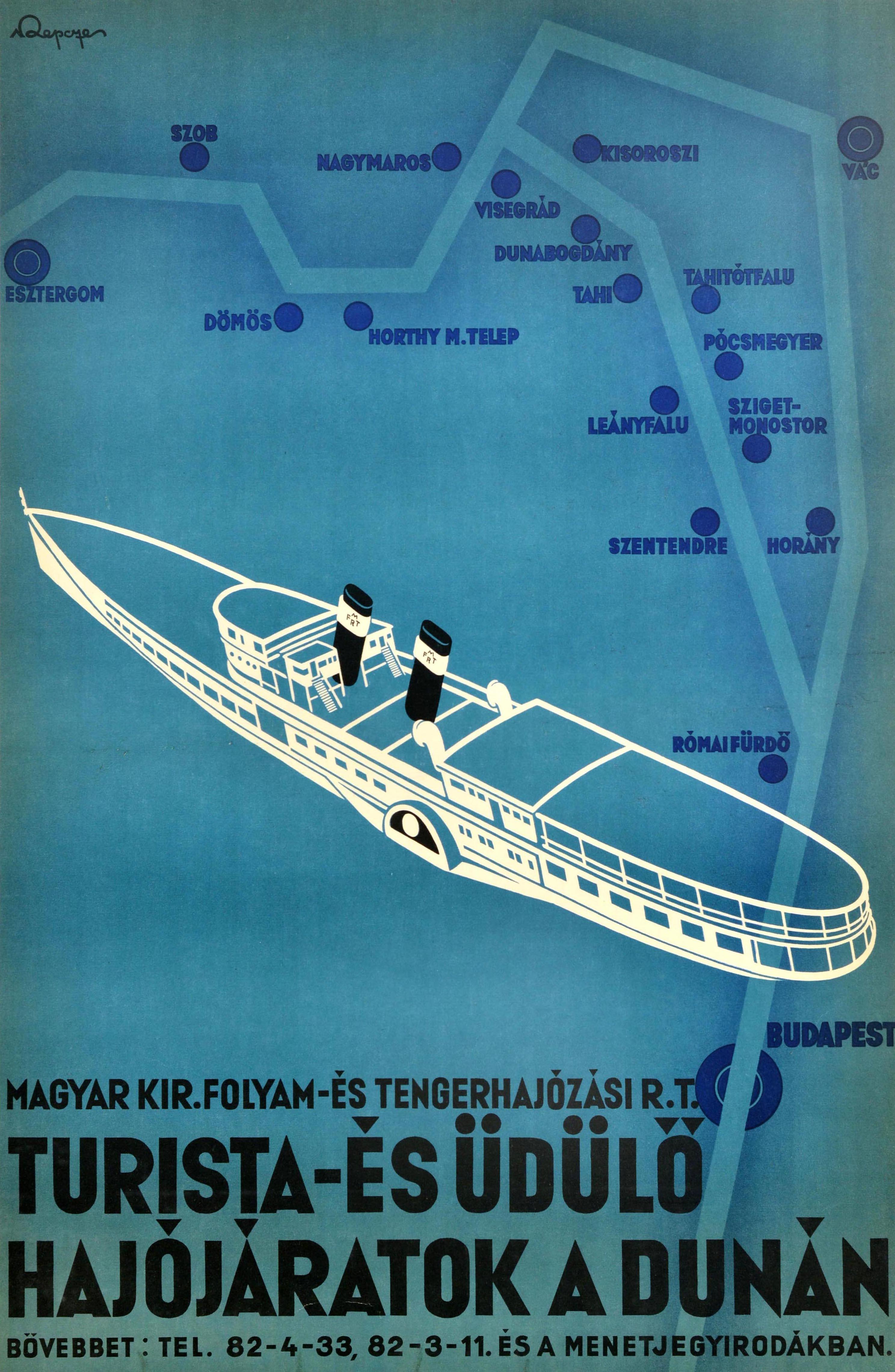 Cartel de viaje original de época anunciando Magyar Kir. Folyam-es Tengerhajozasi R.T. Turista-Es udulo Hajojaratok a Dunan / Hungarian Ex. R.T. de navegación fluvial y marítima de cruceros turísticos y turísticos por el Danubio con una ilustración