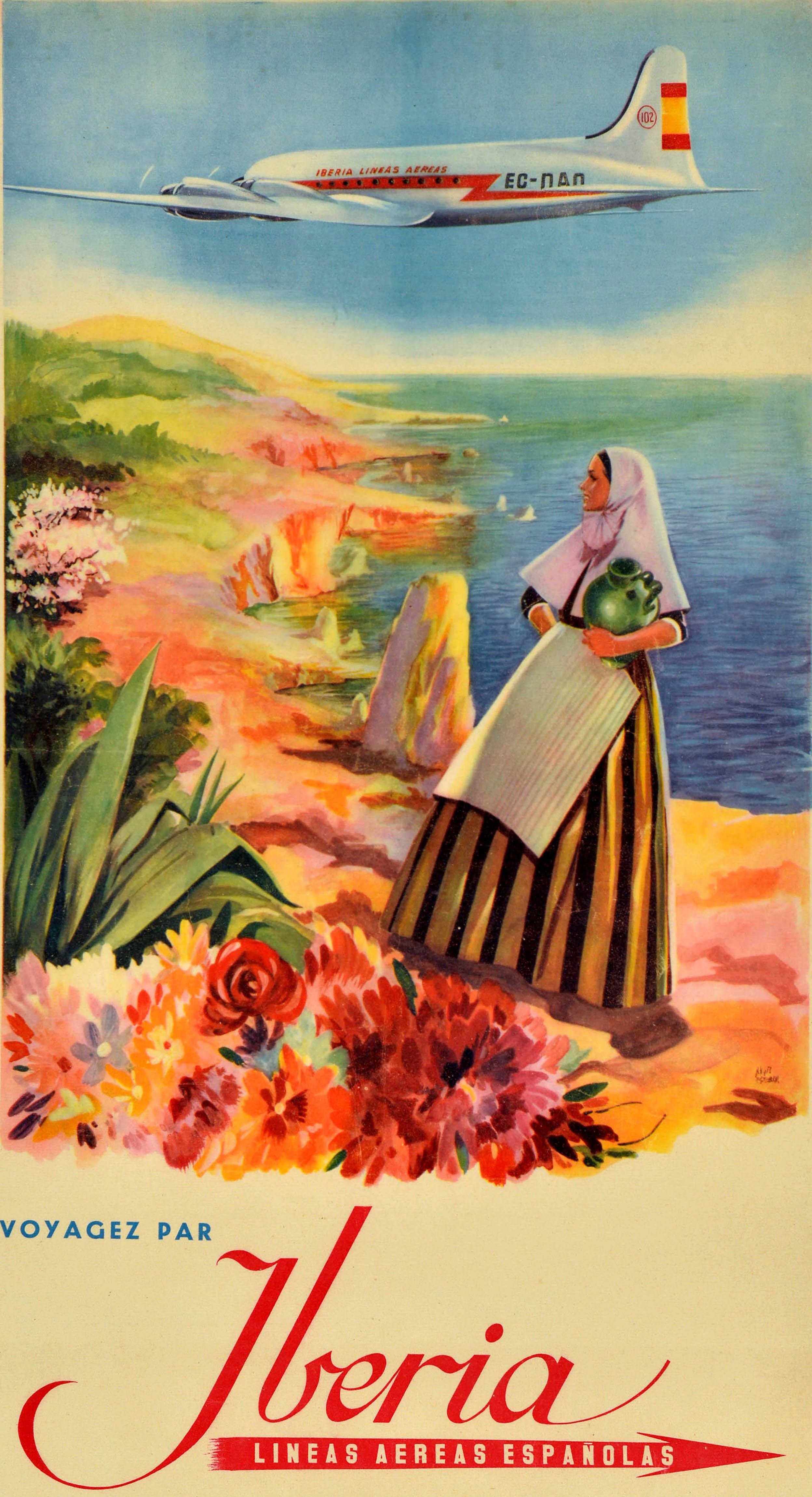 Poster pubblicitario d'epoca originale di Iberia Air Lines per Maiorca L'isola d'oro per il sole di Spagna - Voyagez par Iberia Lineas Aereas Espanolas Mallorca l'ile dore pour le soleil d'Espagne - con l'immagine di una donna che indossa un foulard