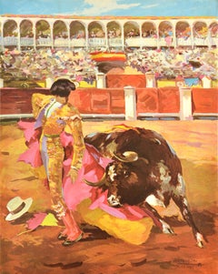 Original Vintage Travel Advertising Poster Iberia Air Lines Of Spain Bullfight
