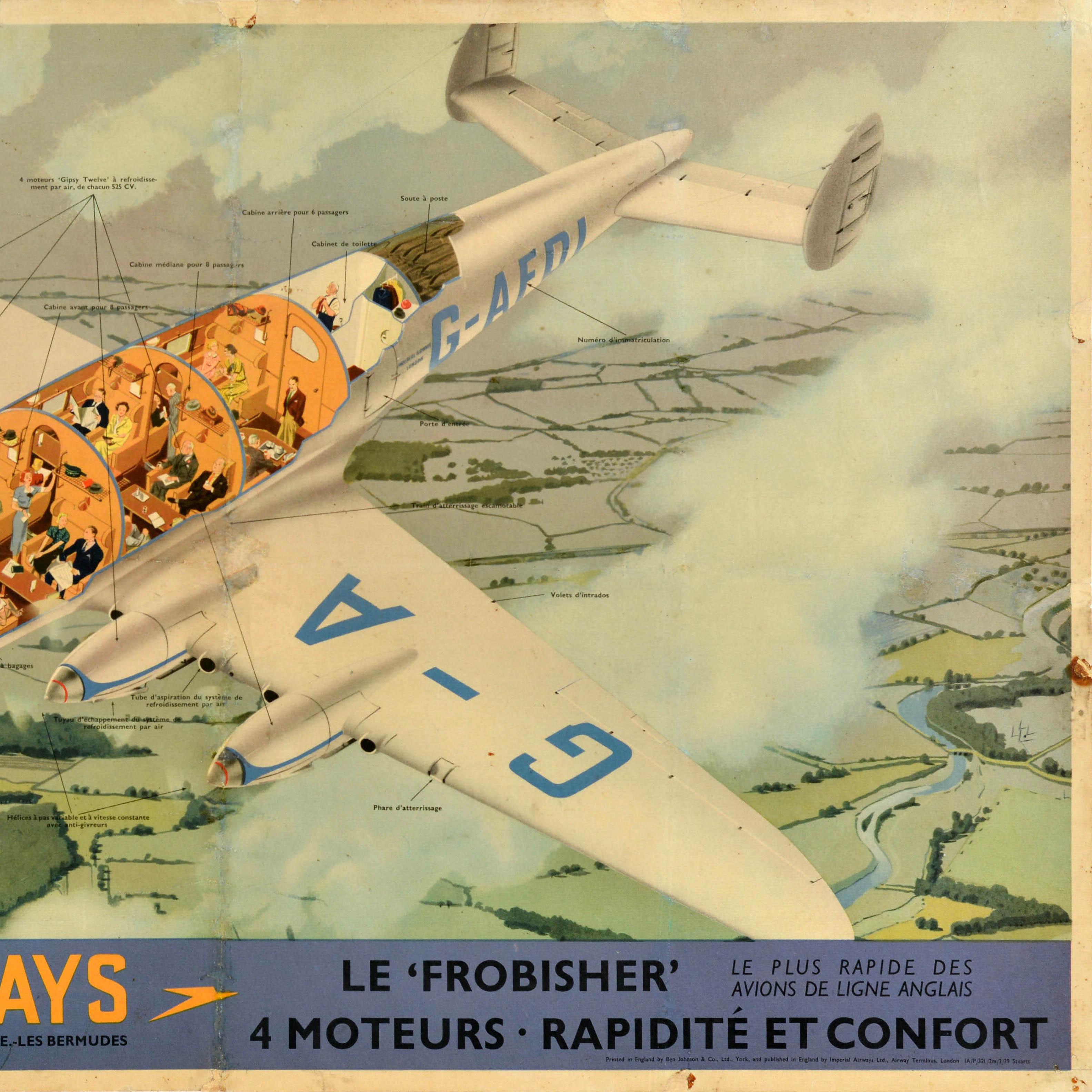 Original Vintage Travel Advertising Poster Imperial Airways Le Frobisher Design In Fair Condition For Sale In London, GB